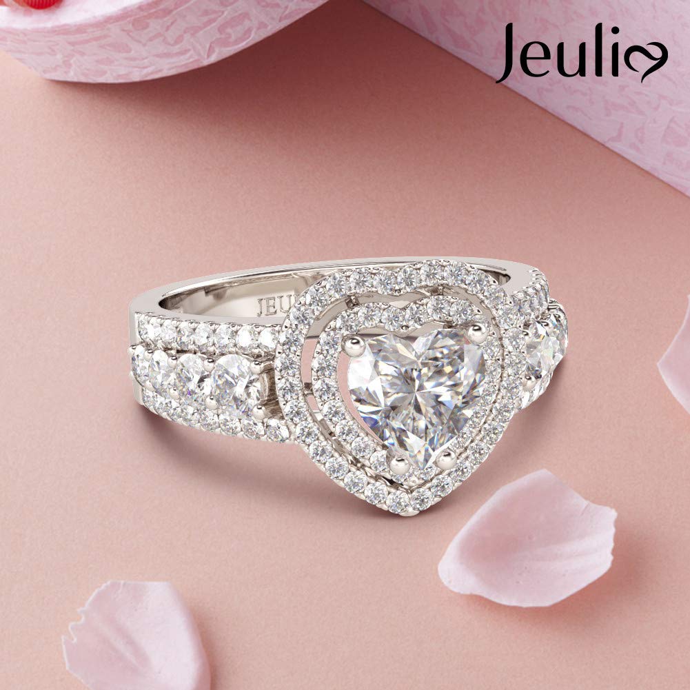 Jeulia 925 Sterling Silver Double Halo Heart Cut CZ Solitaire Engagement Ring with Side Stones - Romantic Promise Ring for Women, Anniversary Gift, Valentine's Day Present, Perfect for Proposals & Special Occasions