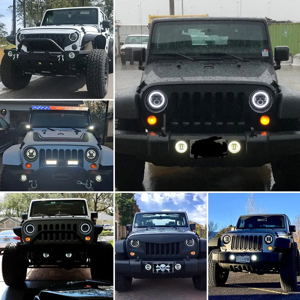 LOYO LED Halo Headlights with Amber Turn Signal + LED Halo Fog Lights Kit Compatible with 2007-2018 Jeep Wrangler JK - Upgrade Lighting for Off-Road Adventures & Night Driving