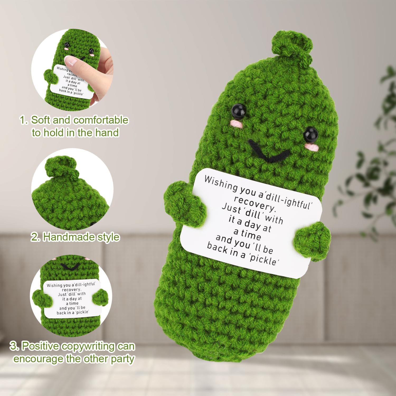 Funny Green Pickle Crochet Doll - Encouragement & Support Gift for Surgery Recovery - Handmade Knitted Emotional Healing Present for Family & Friends - Perfect Get Well Soon Gift for Hospital Patients & Care Packages