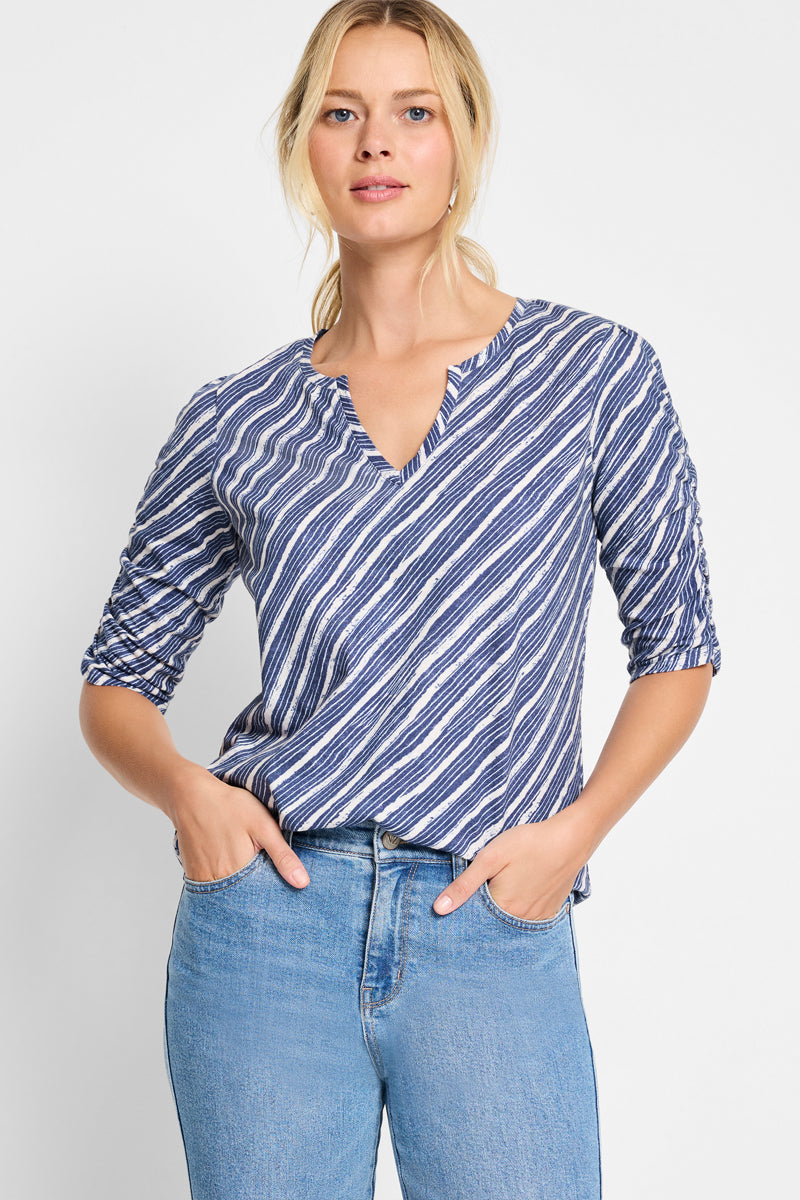 NIC+ZOE Women's Mixed Stripe Ruch Sleeve Tee Shirt - Casual Striped Blouse for Work, Date Night & Everyday Wear