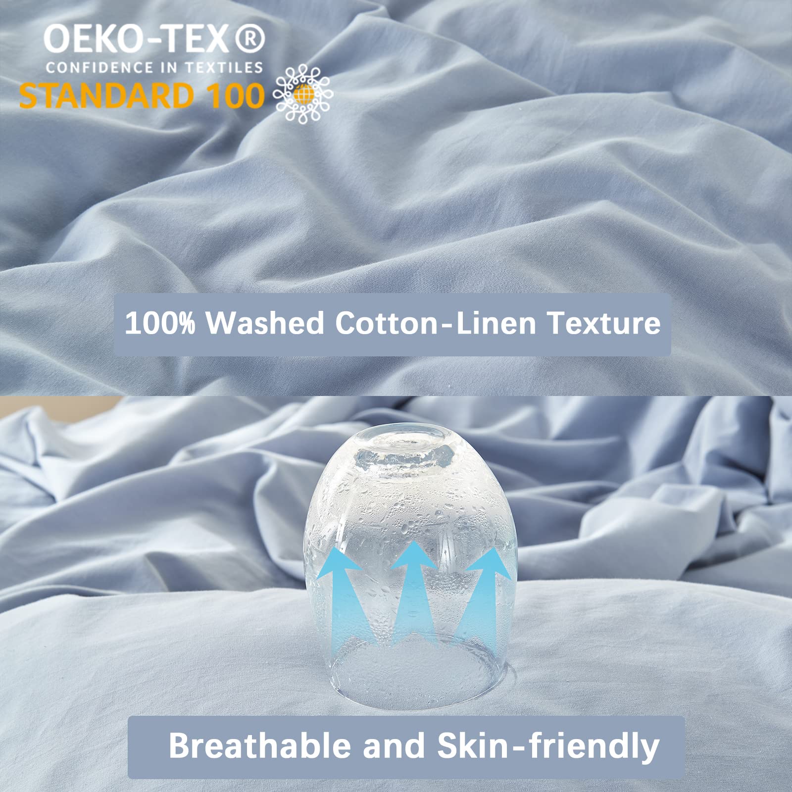 King Size Duvet Cover Set - 3 Piece Washed Cotton Blue Bedding with Zipper Closure | Breathable Linen-Like Texture | Perfect for Master Bedroom & Guest Room Decor
