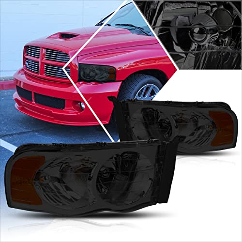 PM PERFORMOTOR Replacement Headlights Assembly - Compatible with 2002-2005 Dodge Ram 1500/2500/3500 - 2Pcs Smoked Lens Headlamps with Amber Corner for Off-Road & Night Driving