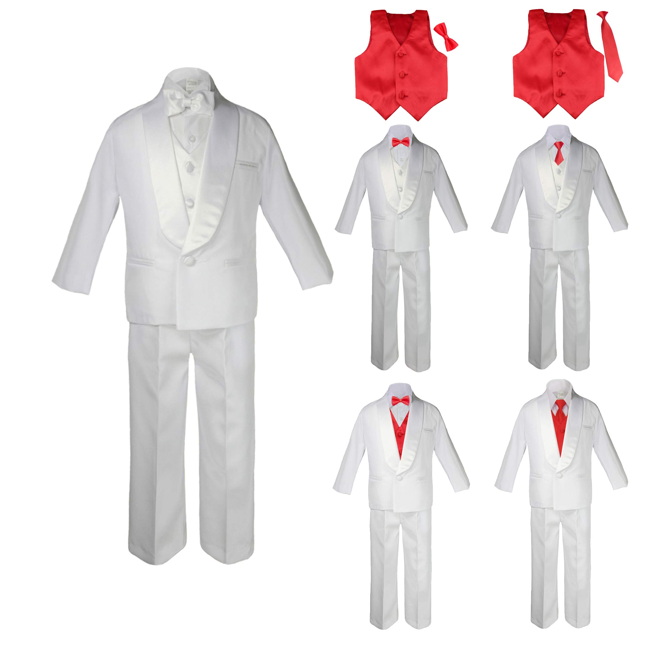 Kids Formal White Suit Tuxedo Set with Red Satin Vest & Bow Tie - Perfect for Weddings, Parties & Special Occasions | Sizes SM-20