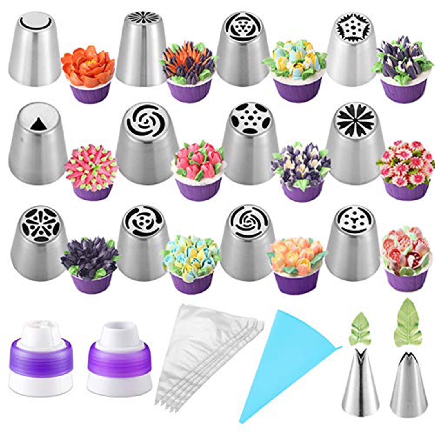 Suuker 27 Pcs Russian Piping Tips Set for Cake Decorating - 12 Icing Tips, 10 Pastry Bags, 2 Leaf Tips, 2 Couplers & 1 Silicone Bag - Perfect for Cupcakes, Cookies, Birthday Cakes & Wedding Cake Decorating