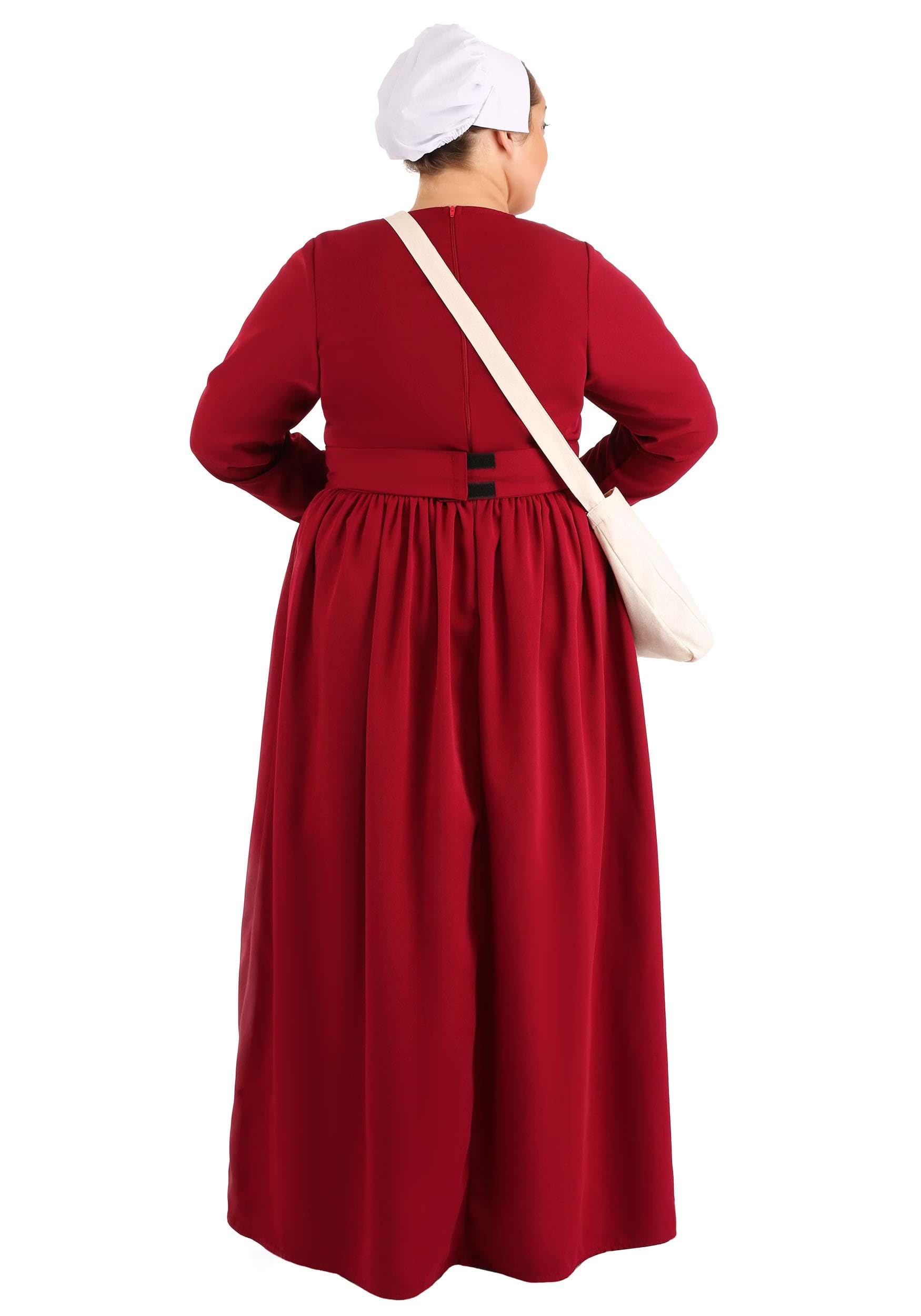 Plus Size Handmaid's Tale Costume - Red Dress with Hooded Cape, White Bonnet, Belt & Satchel Bag | Women's Halloween Cosplay, Book Club Party, Dystopian Theme Event Outfit