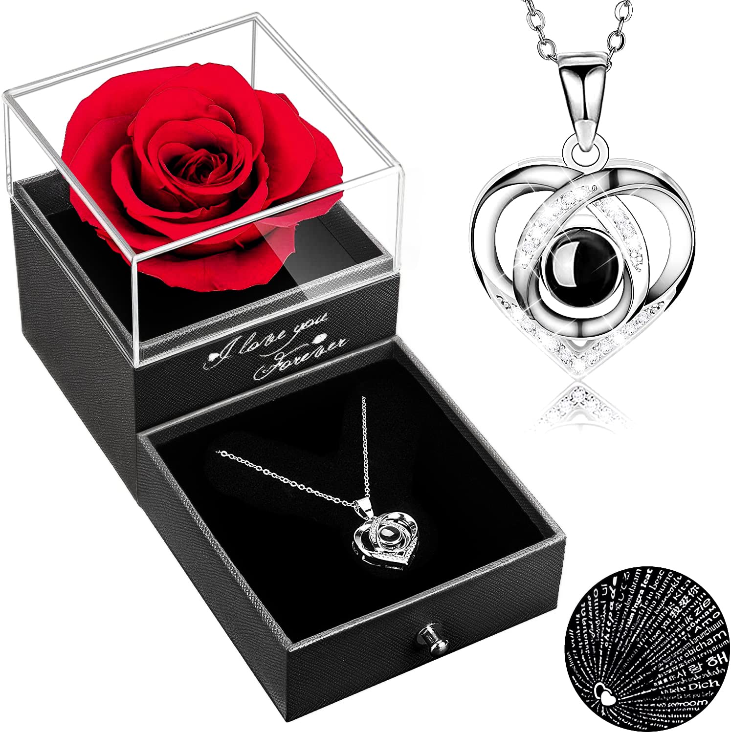 Eternal Preserved Real Rose with 'I Love You' Necklace - Perfect Mother's Day, Anniversary & Birthday Gift for Mom, Wife, Girlfriend, Grandma | Romantic Keepsake for Women (Red) | Ideal for Valentine's Day, Wedding Anniversaries & Special Occasions