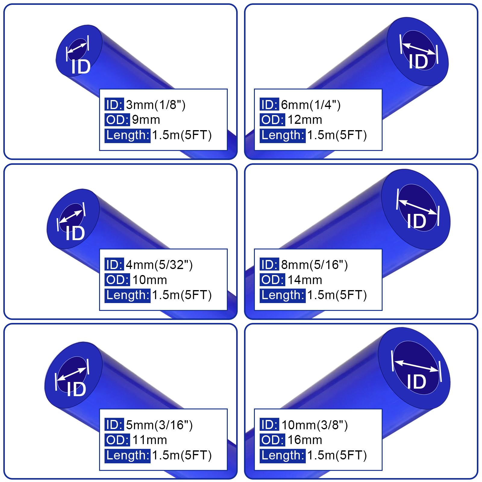 High Performance Automotive Silicone Vacuum Hose Kit - 6PCS 5FT Blue Tubing with 126PCS 13-Size Nylon Connectors (1/8