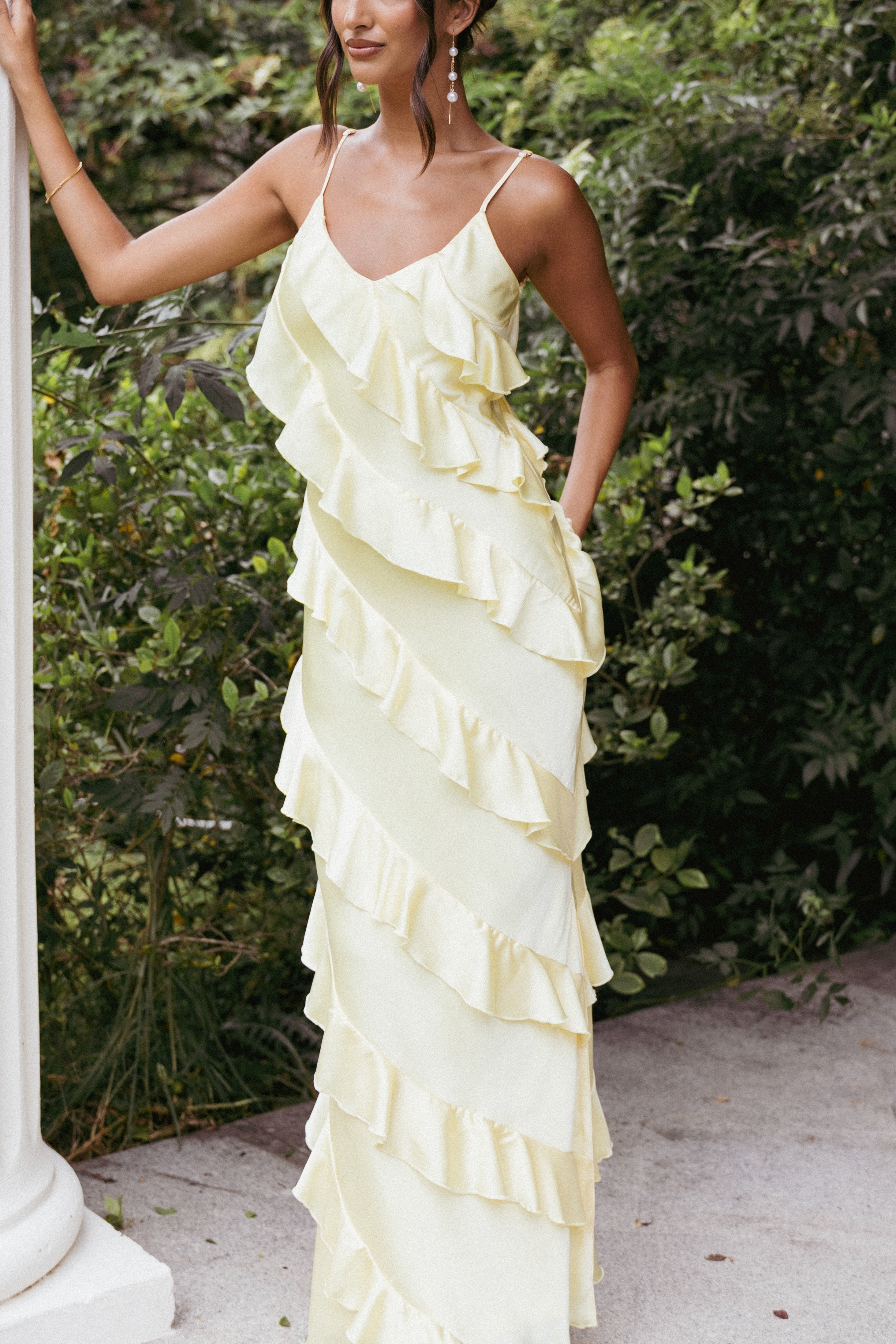 Elegant Ciao Ruffles Maxi Satin Dress in Pale Yellow - Perfect for Weddings, Parties & Special Occasions