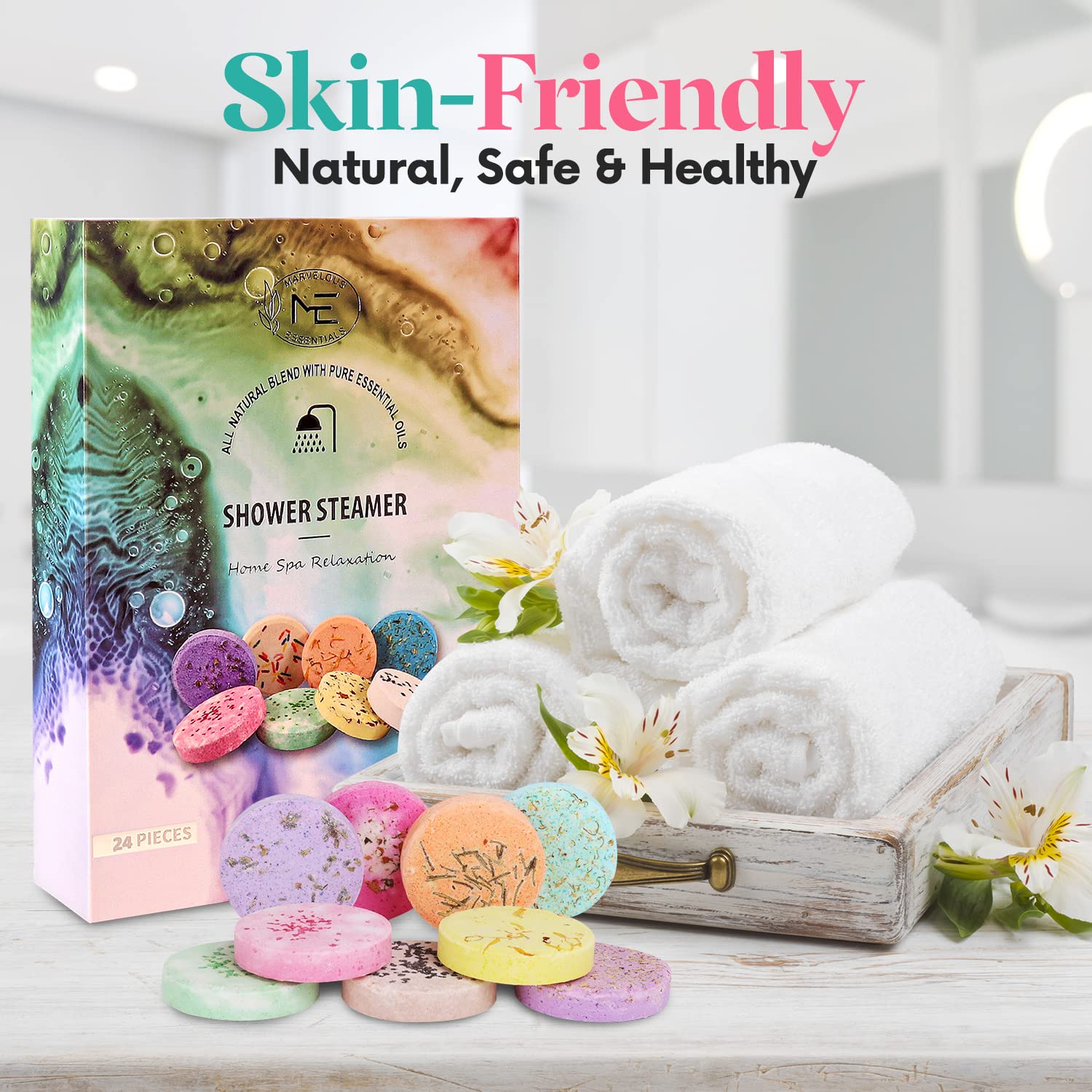 24-Pack Aromatherapy Shower Steamer Tablets with Pure Essential Oils & Sea Salt - Natural Stress Relief Bath Bombs for Relaxation, Spa Gift Set - Perfect for Self-Care, Mother's Day & Holiday Gifts