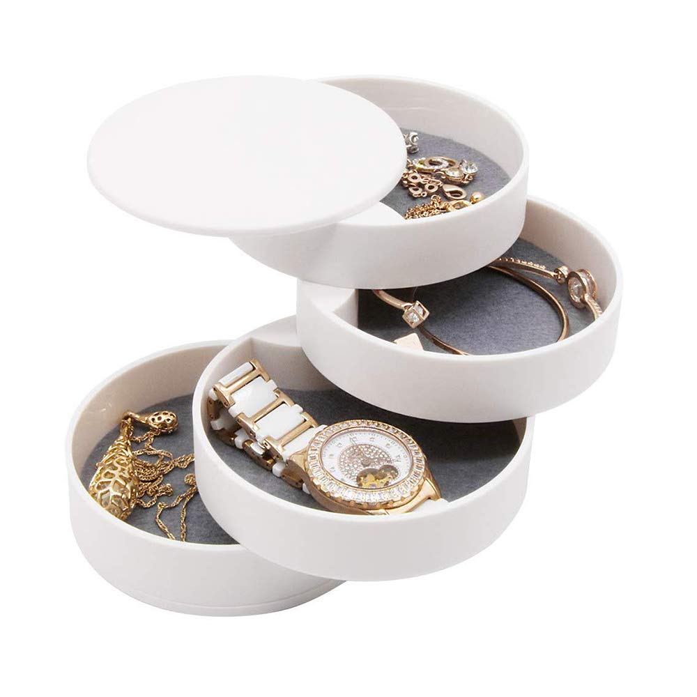 4-Tier Jewelry Organizer Box - 360° Rotating Display Tower for Rings, Earrings, Necklaces & Bracelets - Compact Jewelry Storage Case with Multi-Compartment Design (White) - Perfect for Bedroom Vanity, Closet Organization & Travel Jewelry Storage