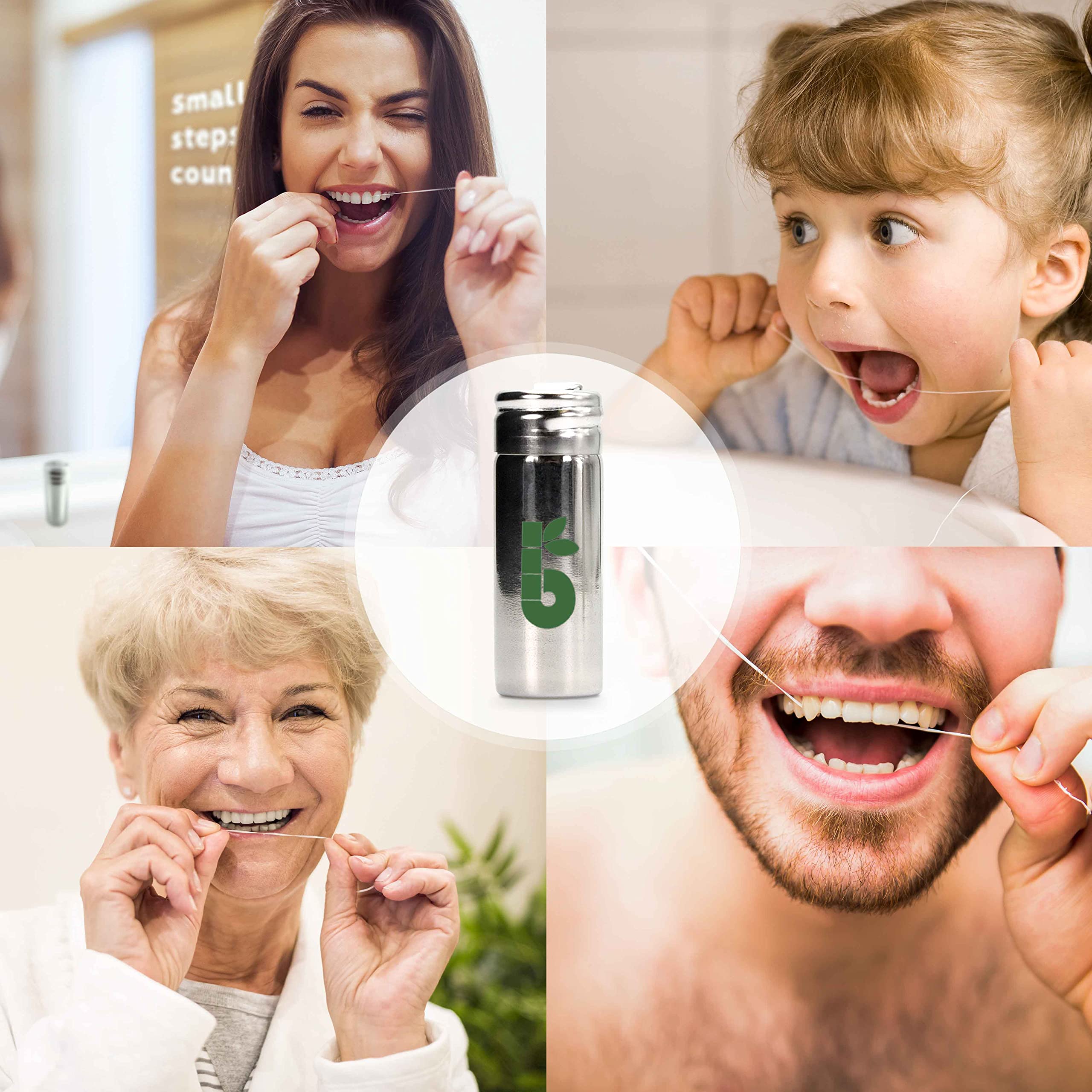 Eco-Friendly Vegan Dental Floss - Plastic-Free Candelilla Wax Floss Refill | Zero Waste Dental Tape with Stainless Steel Dispenser | Mint Flavored 55 Yards Bamboo Floss | Perfect for Travel, Home & Sustainable Oral Care