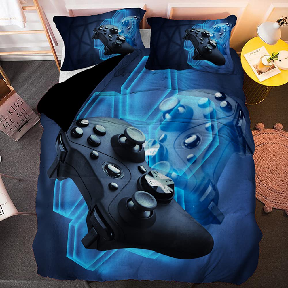 Blue Gaming Duvet Cover with Black Gamepad Design - Modern Nordic Style Quilt Cover for Kids & Adults - Queen King Twin Full Size Bedding Set - Perfect for Gamer Bedrooms & Themed Home Decor