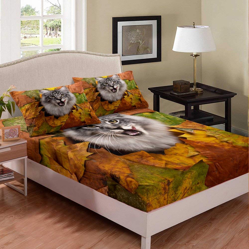3D Cute Cat & Falling Leaves Print Twin Fitted Sheet Set - 2 PC (1 Fitted Sheet + 1 Pillowcase) for Kids & Teens - Soft Grey Cat Design - Perfect for Children's Bedrooms, Dorm Rooms & Cozy Sleepovers