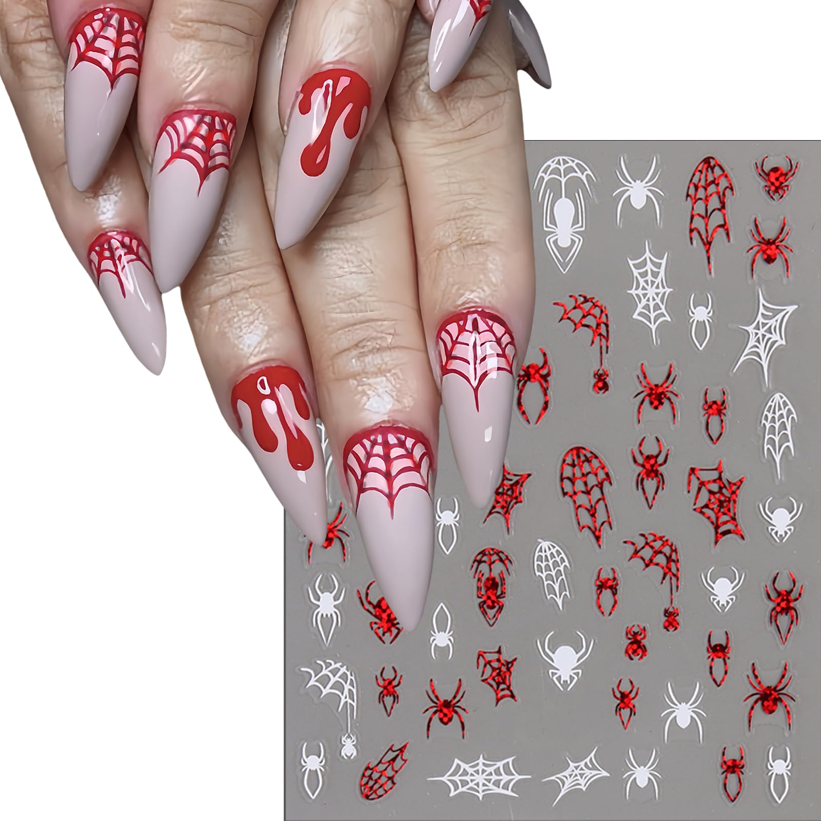 6 Sheets Halloween Spider Web Nail Stickers - Black, White, Red 3D Self-Adhesive Glitter Nail Art Decals for Women & Girls | Perfect for Halloween Parties, Costume Nails & Spooky Nail Designs