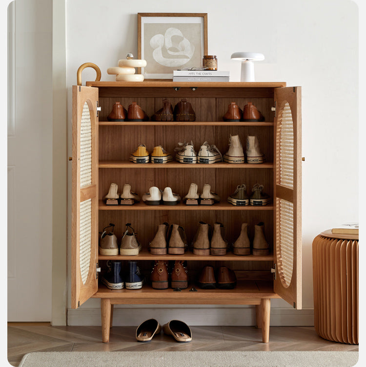 Oak Solid Wood Rattan Shoe Cabinet - Rustic Entryway Storage Organizer for Shoes, Boots & Accessories | Perfect for Hallway, Mudroom & Closet Organization