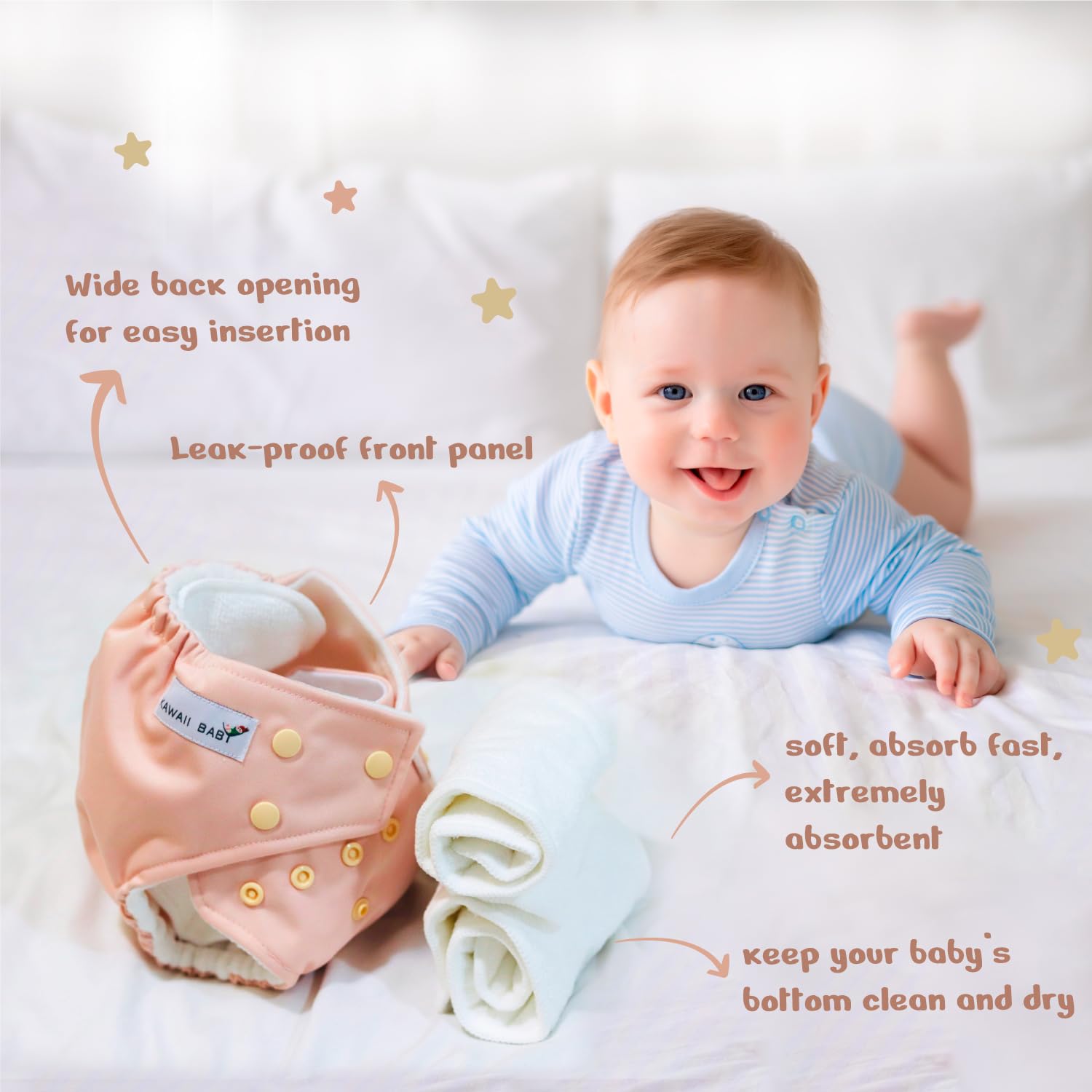 Kawaii Baby 12-Pack One Size Cloth Diapers + 24 Super Absorbent Inserts - Reusable, Double-Layer Waterproof Diapering System for Babies 8-36 lbs | Eco-Friendly, Leak-Proof for Daycare, Travel & Overnight Use