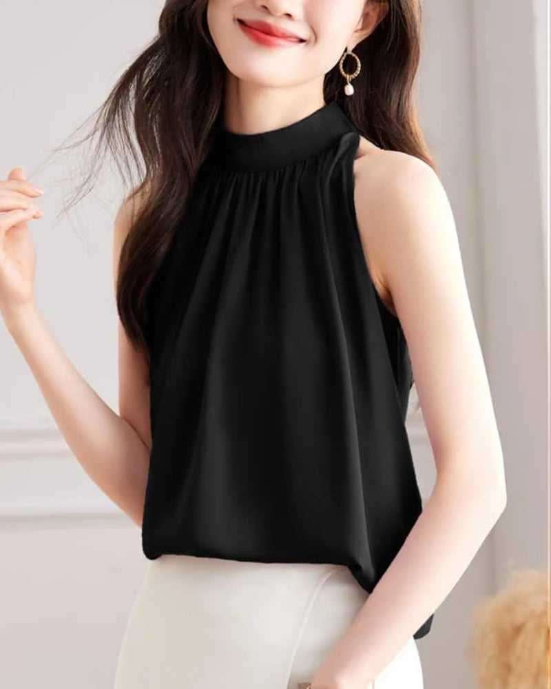 Elegant Mock Neck Sleeveless Silk Blouse for Women - Luxury Breathable Summer Top for Office, Party & Special Occasions