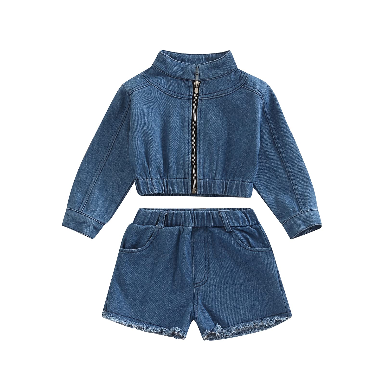 2 Piece Toddler Girl Outfits - Cute Long Sleeve Zip Up Denim Cropped Jacket & Jeans Shorts Set | Casual Spring Fall Outfits for Baby Girls | Perfect for Playdates, Daycare & Family Photos