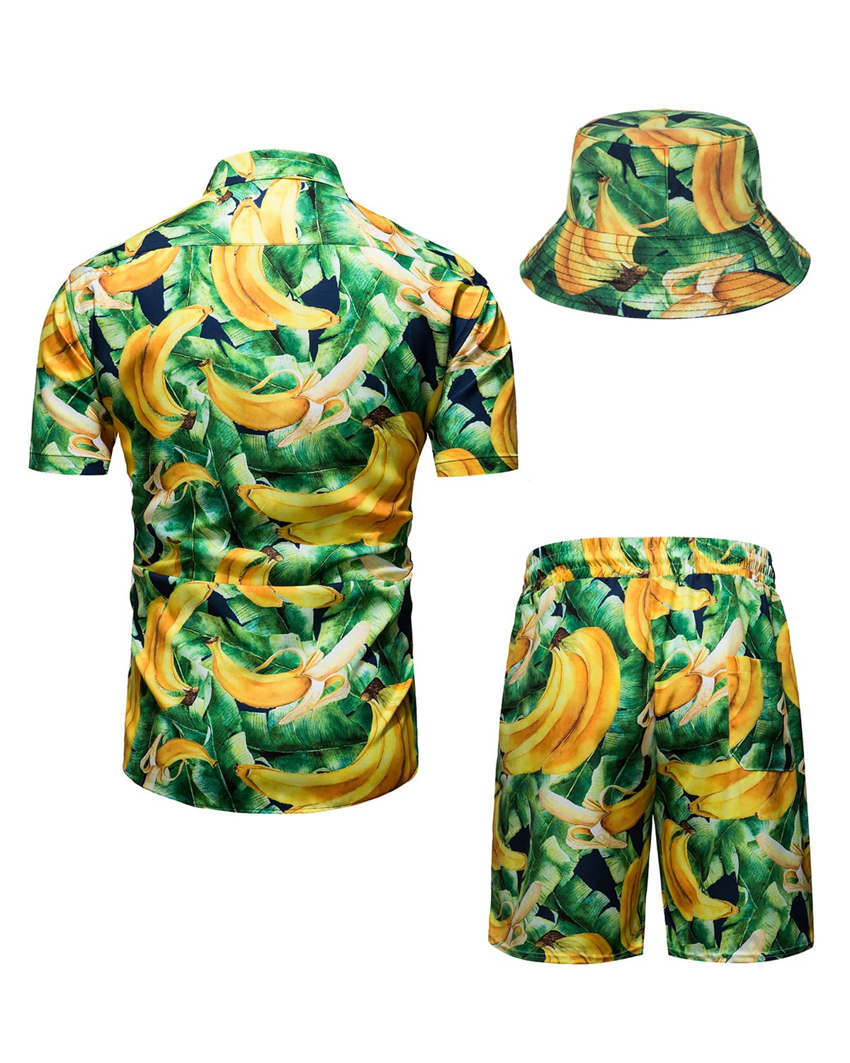 **TUNEVUSE Men's Hawaiian Shirts and Shorts Set - 2 Piece Tropical Beach Outfit with Floral Print & Bucket Hat for Summer Vacation, Luau Party, and Casual Wear**