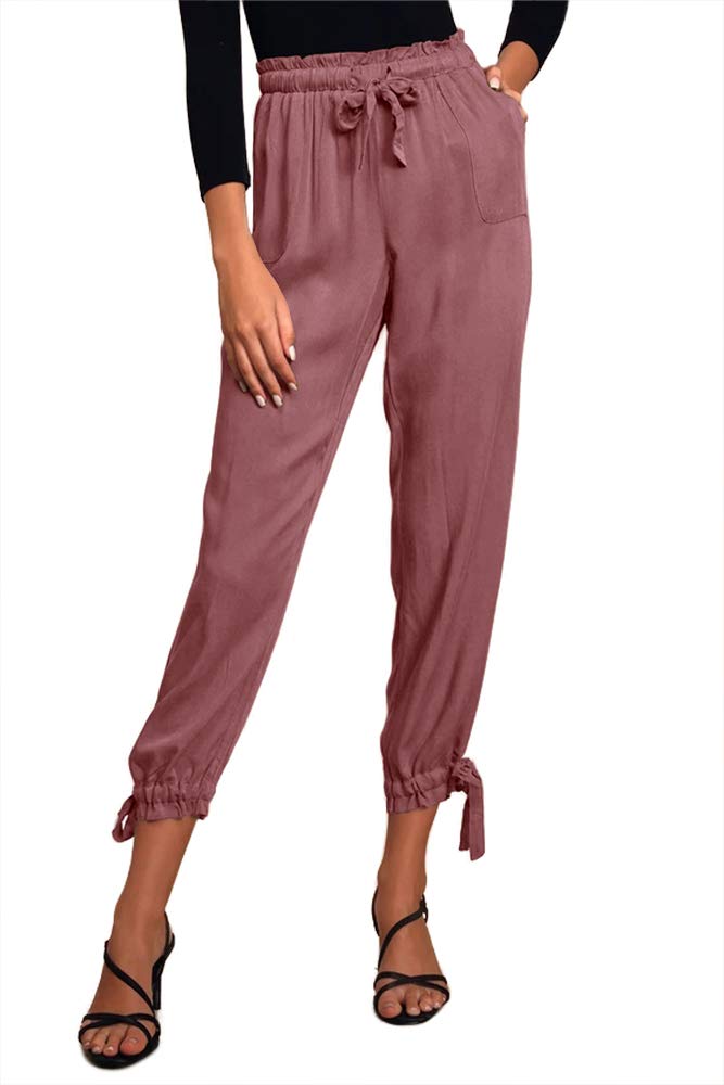 imesrun Women's High Waist Paper Bag Pants - Bow Tie Drawstring Pencil Pants with Pockets for Work, Office & Casual Wear