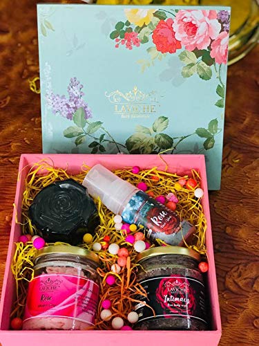 Laviche Rose Bath Essentials Gift Set - Charcoal Rose Soap, Rose Face Wash, Whipped Soap & Intimacy Body Scrub in Wooden Box | Natural Skincare Kit for All Skin Types | Perfect for Spa Day, Self Care & Romantic Gifts