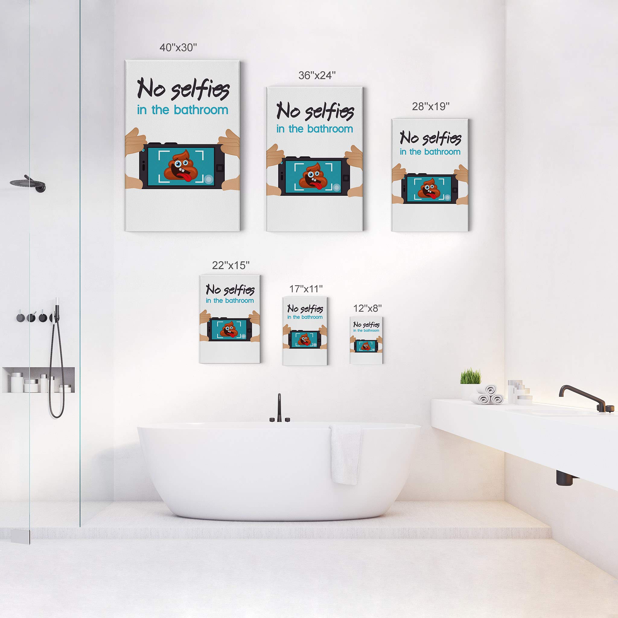 Smile Art Design 'No Selfies in the Bathroom' Funny Quote Canvas Print - 36x24 Inch Bathroom Wall Decor, Toilet Humor Sign, Ready to Hang Home Art Made in USA - Perfect for Powder Rooms, Guest Baths & Funny Housewarming Gifts