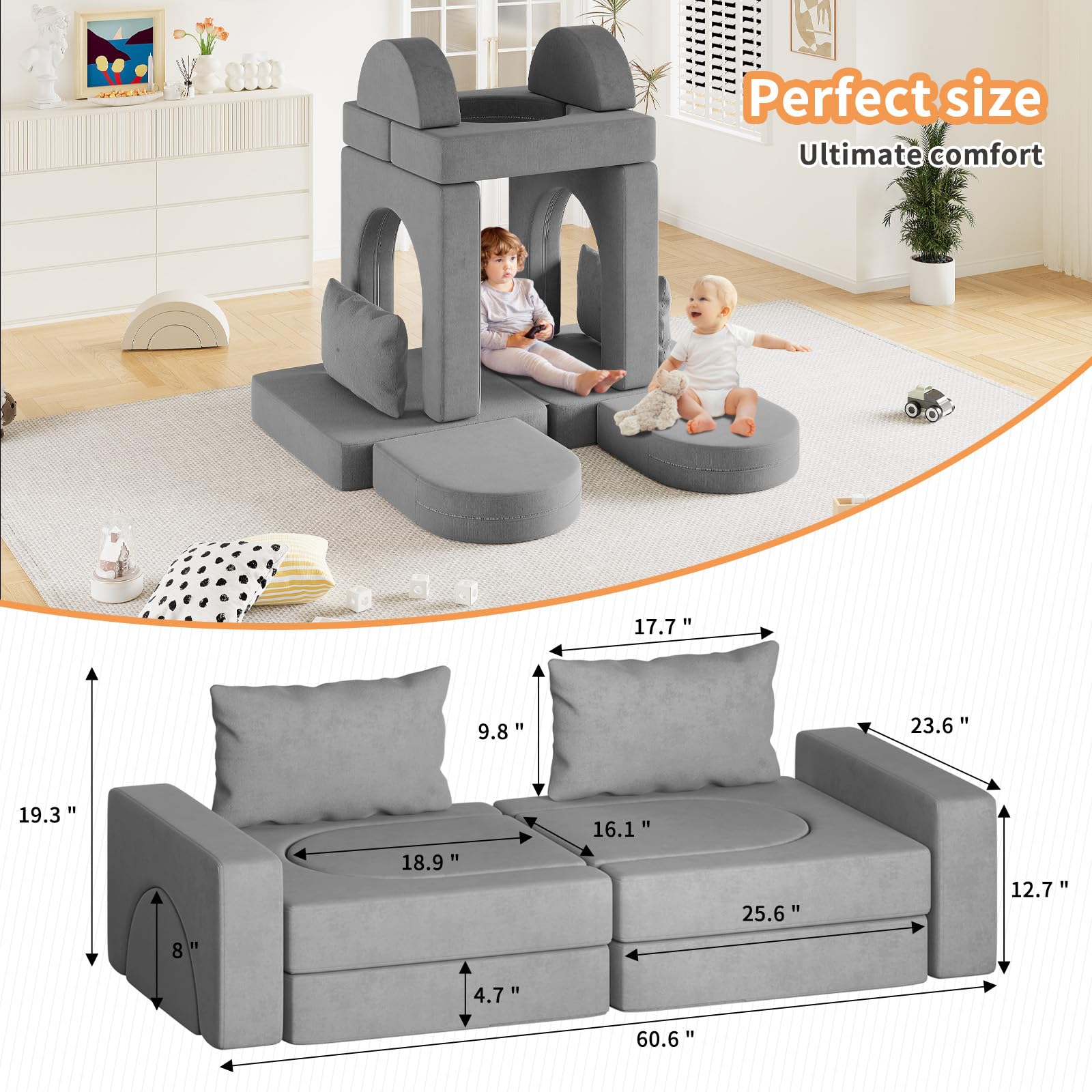 Linor Toddler Couch - 12-Piece Kids Sofa Set with 2 Pillows & Play Tunnel | Foldable Foam Couch for Playroom, Bedroom & Nursery | Creative Play Furniture for Toddlers & Babies (Grey) - Perfect for Pretend Play, Reading Nook & Cozy Relaxation