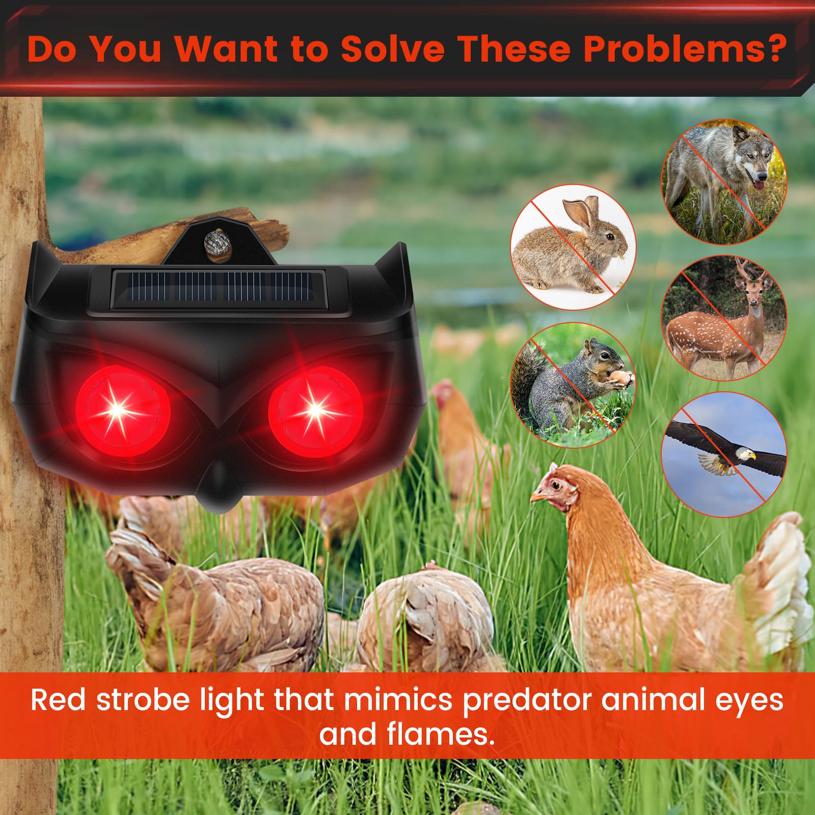 Solar Powered Animal Repeller - Waterproof Outdoor Pest Control with Red LED Lights for Coyotes, Foxes, Skunks, Raccoons & Squirrels | Effective Yard, Farm & Chicken Coop Protection Against Nocturnal Predators