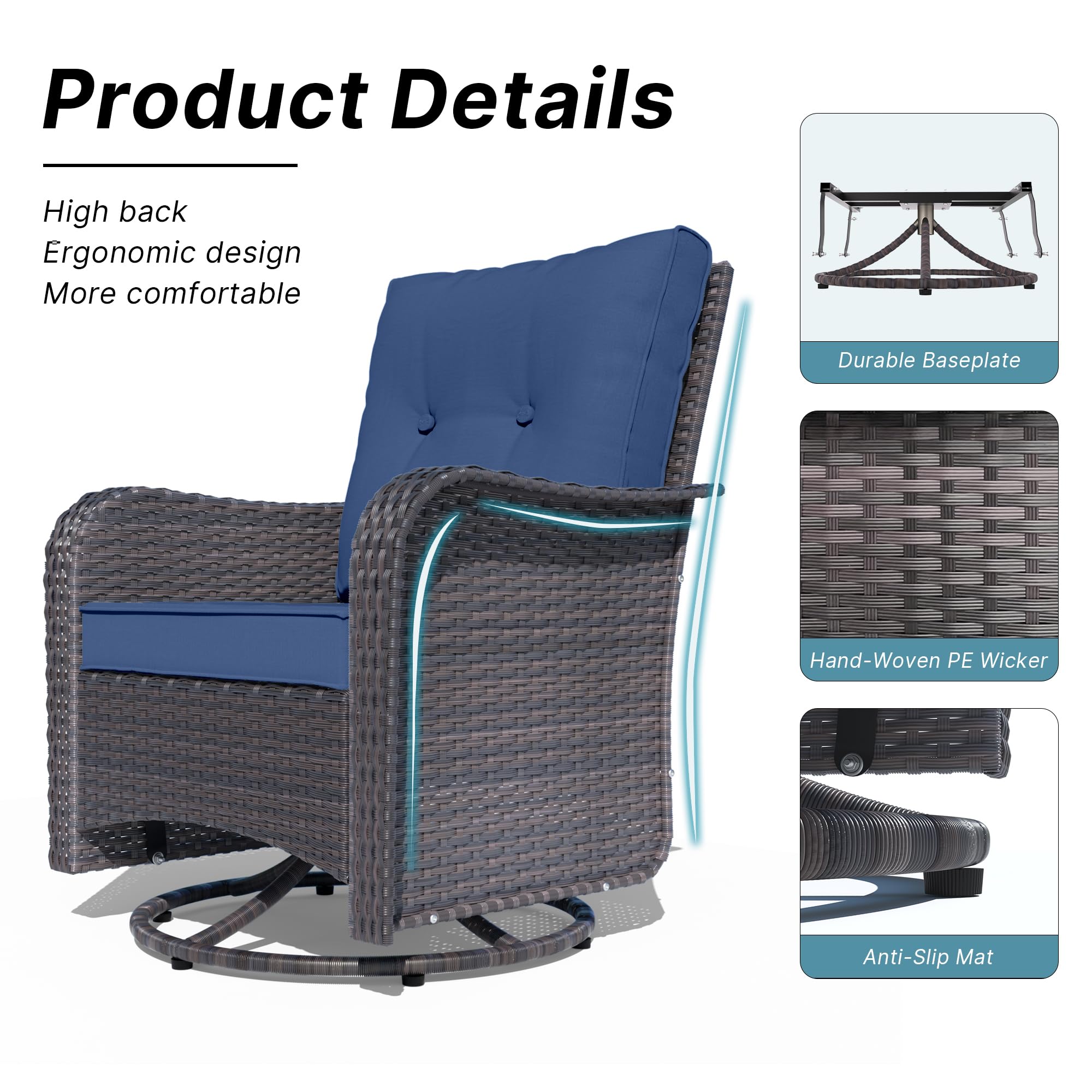 Kurapika 3-Piece Patio Furniture Set - Outdoor Swivel Glider Rocker, Wicker Bistro Set with Rattan Rocking Chair, Tempered Glass Side Table & Thick Cushions (Navy Blue) - Perfect for Garden, Balcony, Backyard & Poolside Relaxation