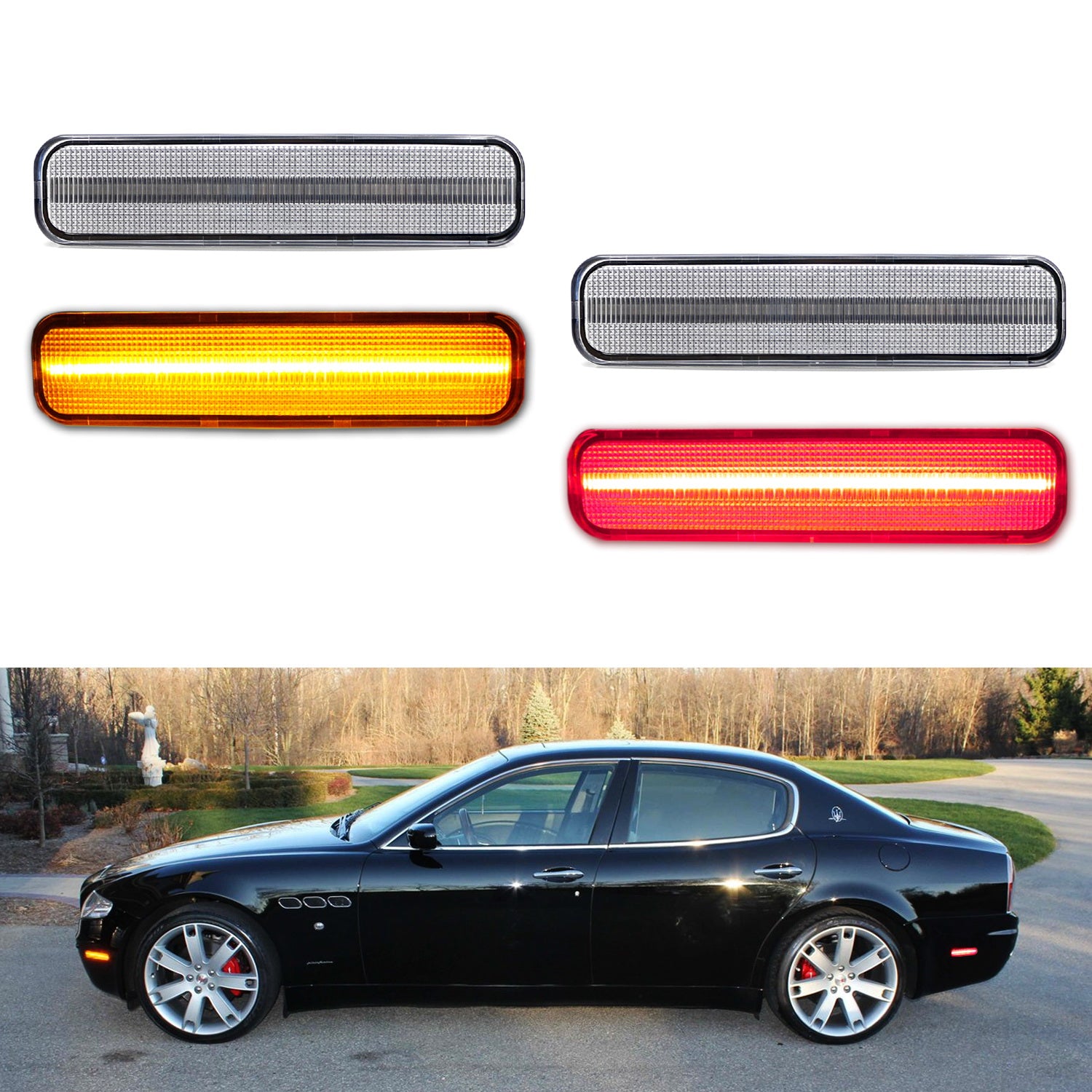Amber/Red Full LED Side Marker Lights for 2004-2008 Maserati Quattroporte - Clear Lens, High Visibility, Durable & Waterproof - Perfect for Night Driving & Enhanced Safety