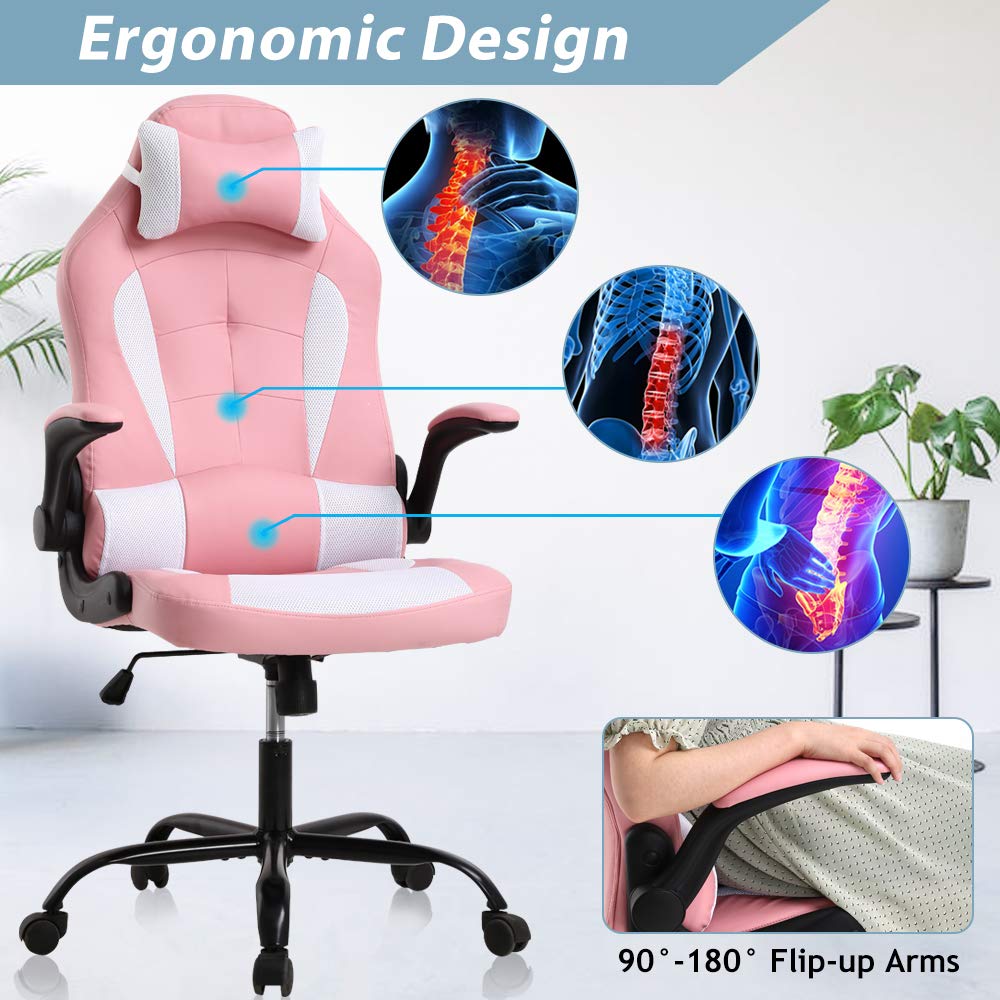 Premium Ergonomic Gaming Chair - High Back Office Chair with Adjustable Height, Flip-Up Arms & 360° Swivel - PU Leather Racing Style Computer Desk Chair for PC Gaming & Home Office (Pink) - Perfect for Long Gaming Sessions & Professional Workspaces