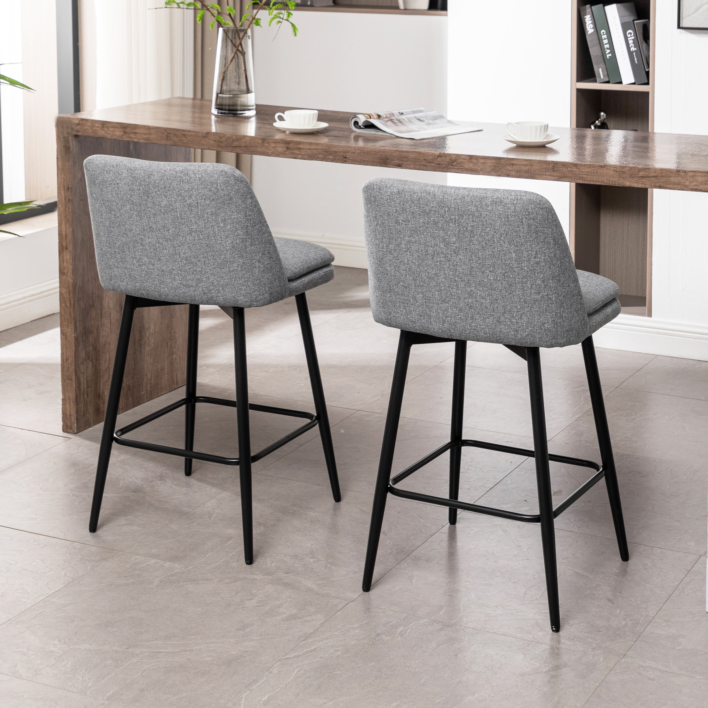 360° Swivel Counter Height Bar Stools Set of 2 - Upholstered with Back Support & Sturdy Metal Legs, 25.6