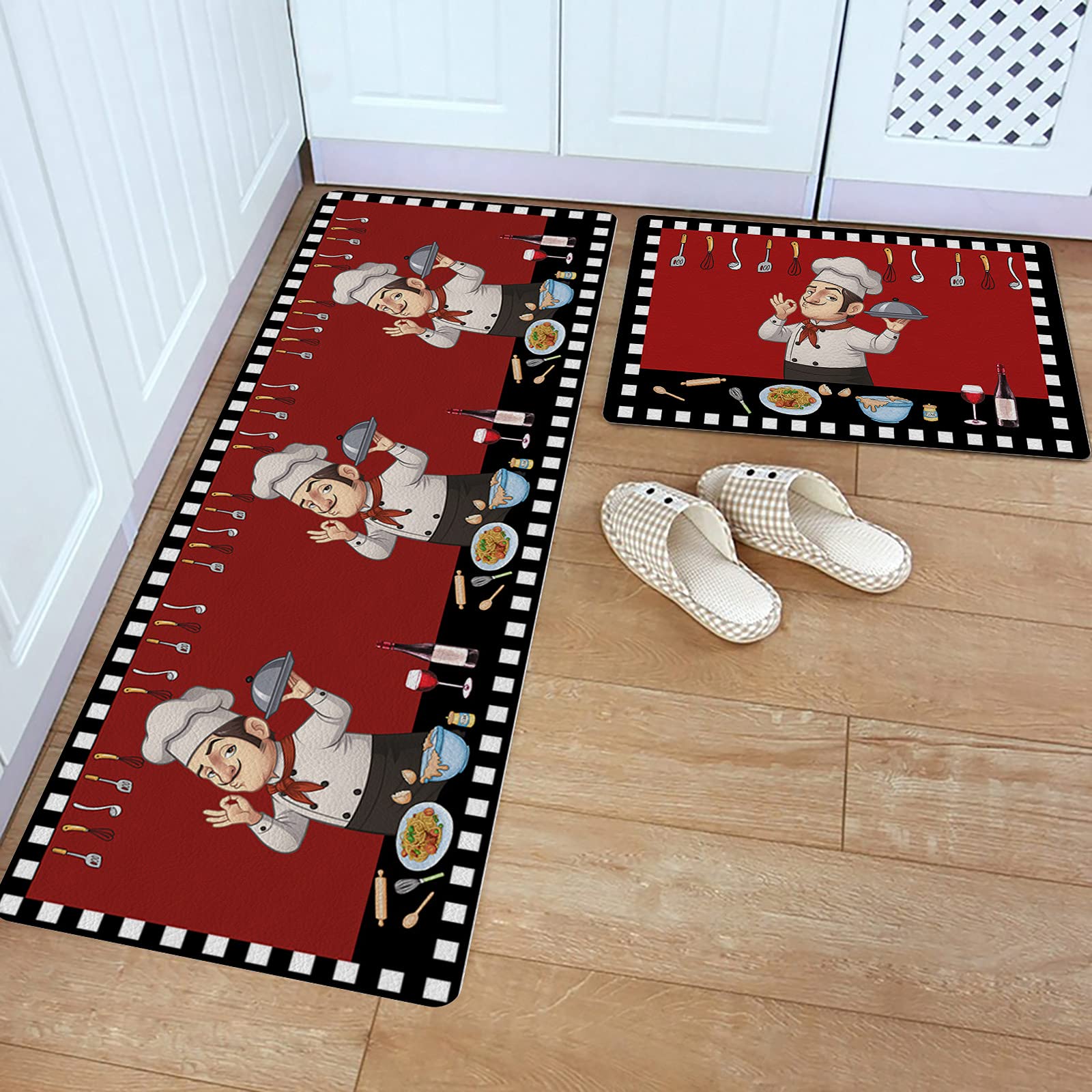 2-Piece PVC Leather Kitchen Floor Mats Set - Funny Chef Spaghetti Design with Gourmet Knife & Fork Print, Black Buffalo Check Plaid Waterproof Standing Mats for Indoor Home Use - Perfect for Kitchens, Dining Areas & High-Traffic Spaces