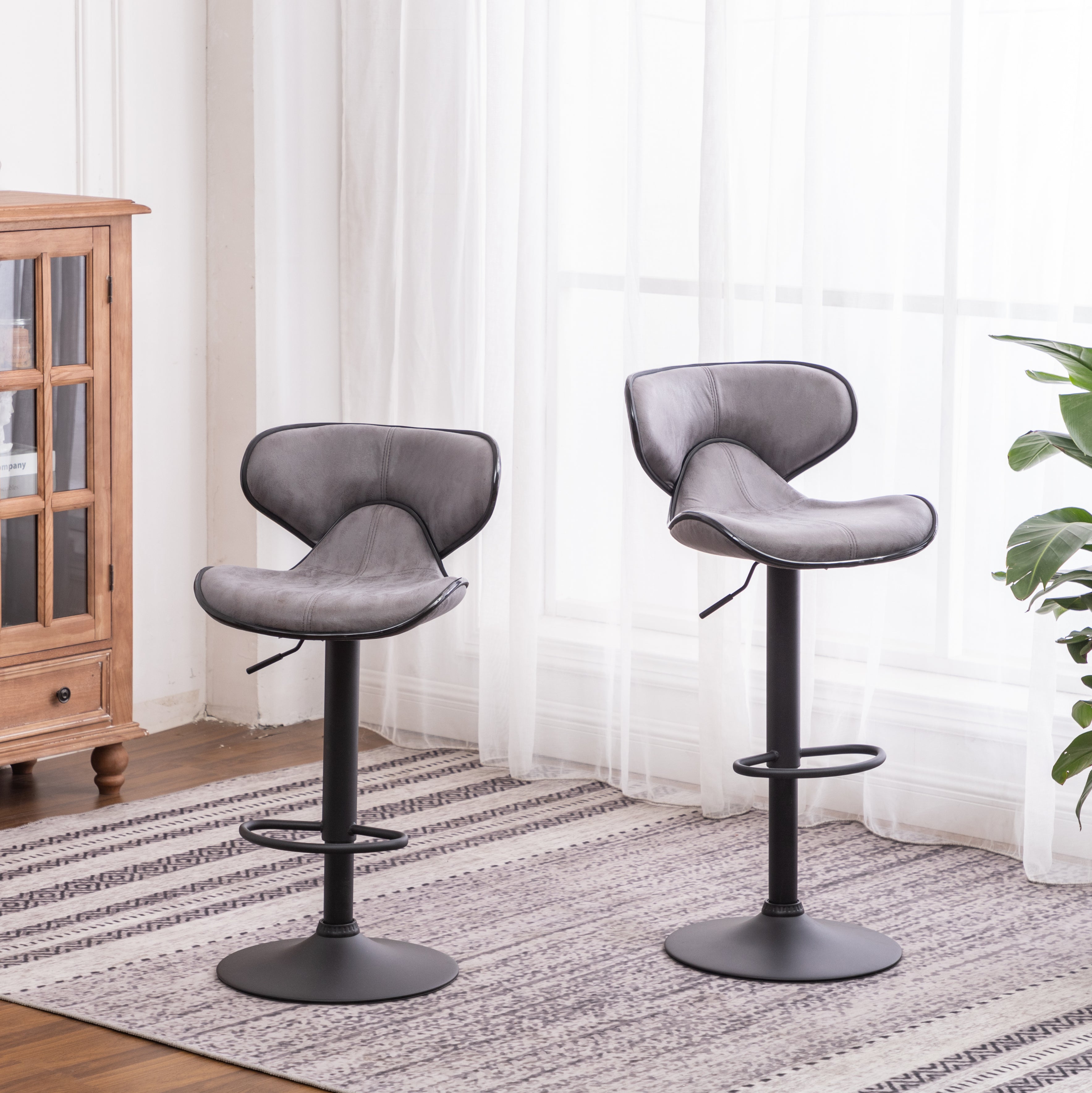 Roundhill Furniture Masaccio Adjustable Swivel Bar Stool Set of 2 - Chrome Base & Weathered Gray Upholstery - Perfect for Kitchen Islands, Home Bars & Breakfast Nooks
