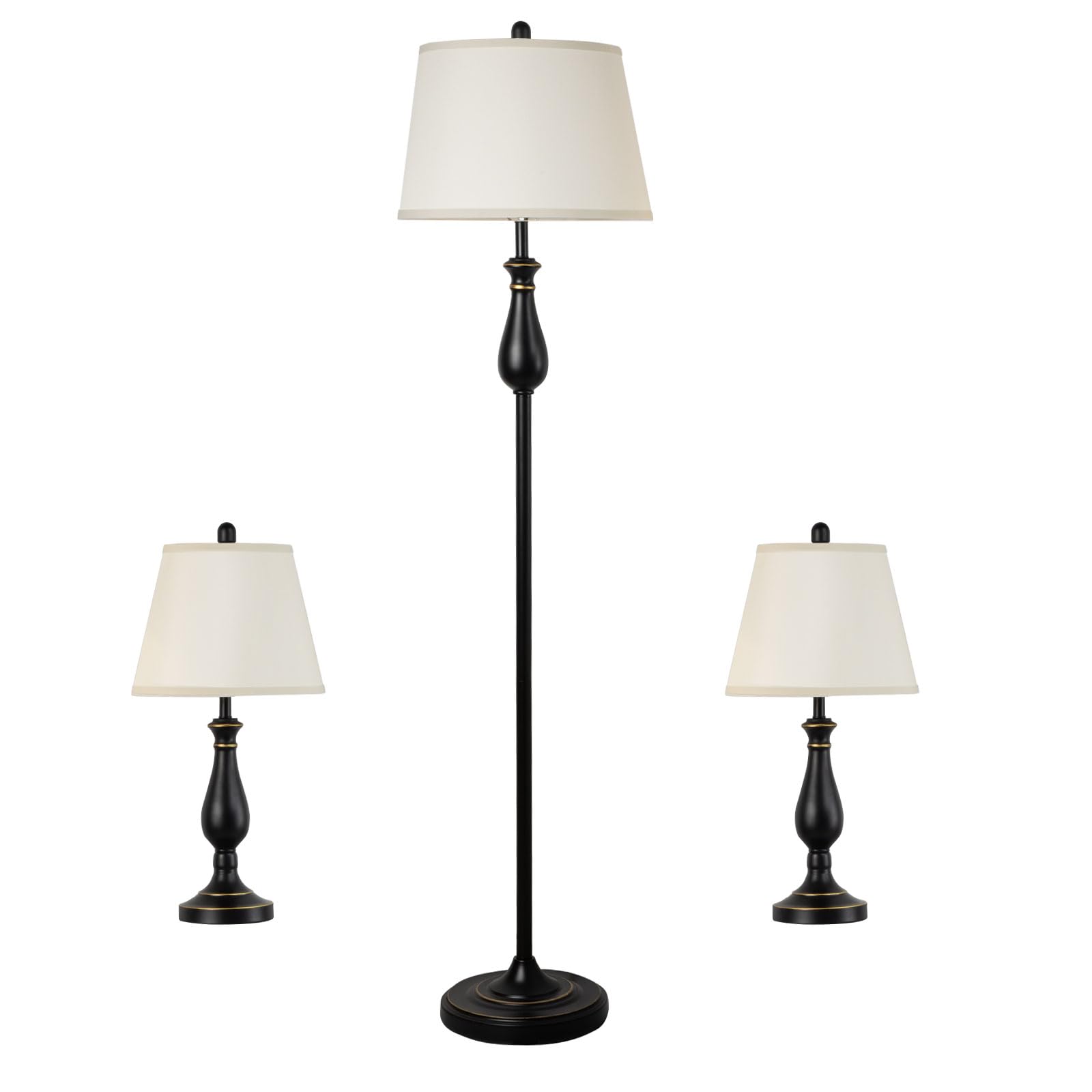 Depuley 3-Piece Table and Floor Lamp Set with White Linen Lampshade - Modern Farmhouse Lighting for Living Room, Bedroom & Nightstand - Black Finish - Perfect for Cozy Reading Nooks and Ambient Lighting