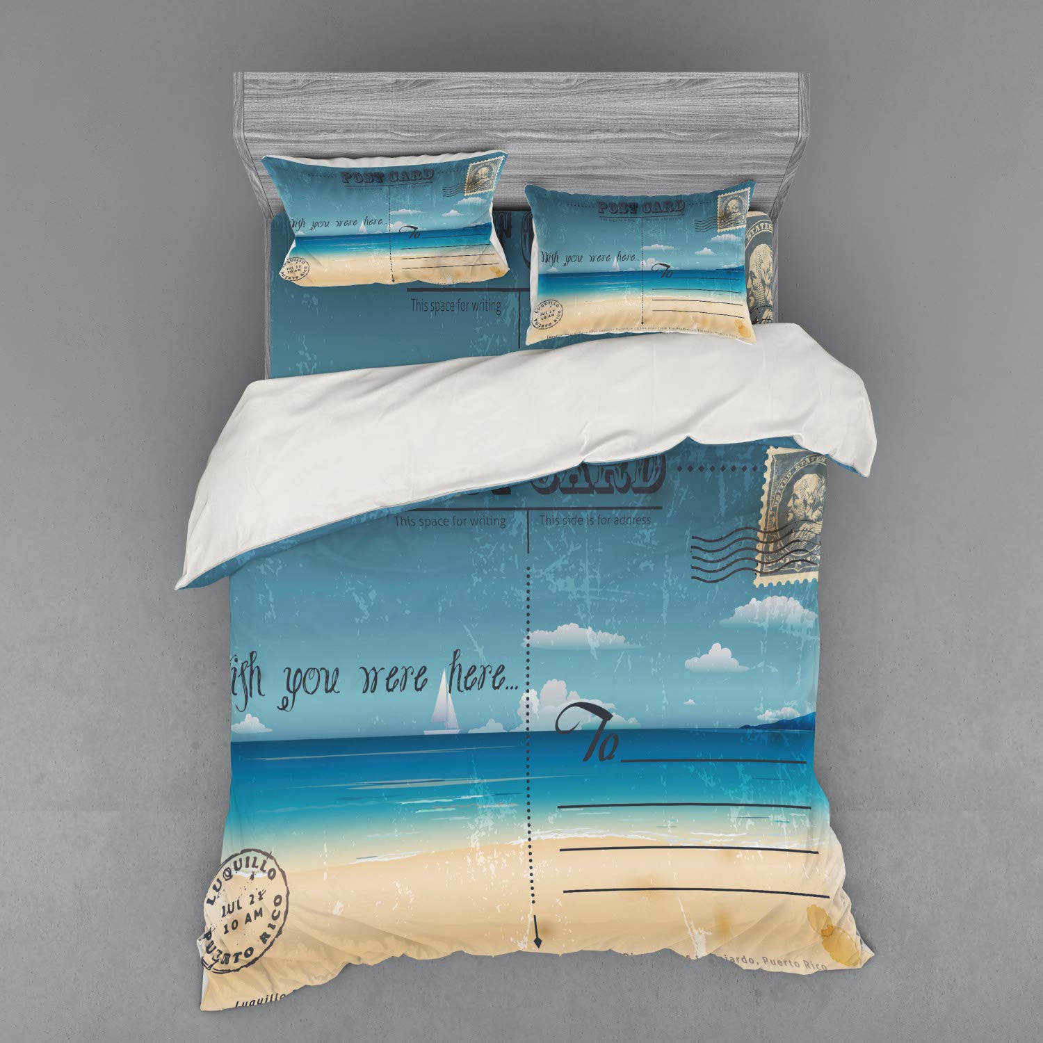 Ambesonne 4-Piece Queen Size Travel Bedding Set - Vintage Tropical Summer Print Duvet Cover with Shams & Fitted Sheet, Sand Brown Teal | Perfect for Guest Rooms, Vacation Homes & Tropical Themed Bedrooms