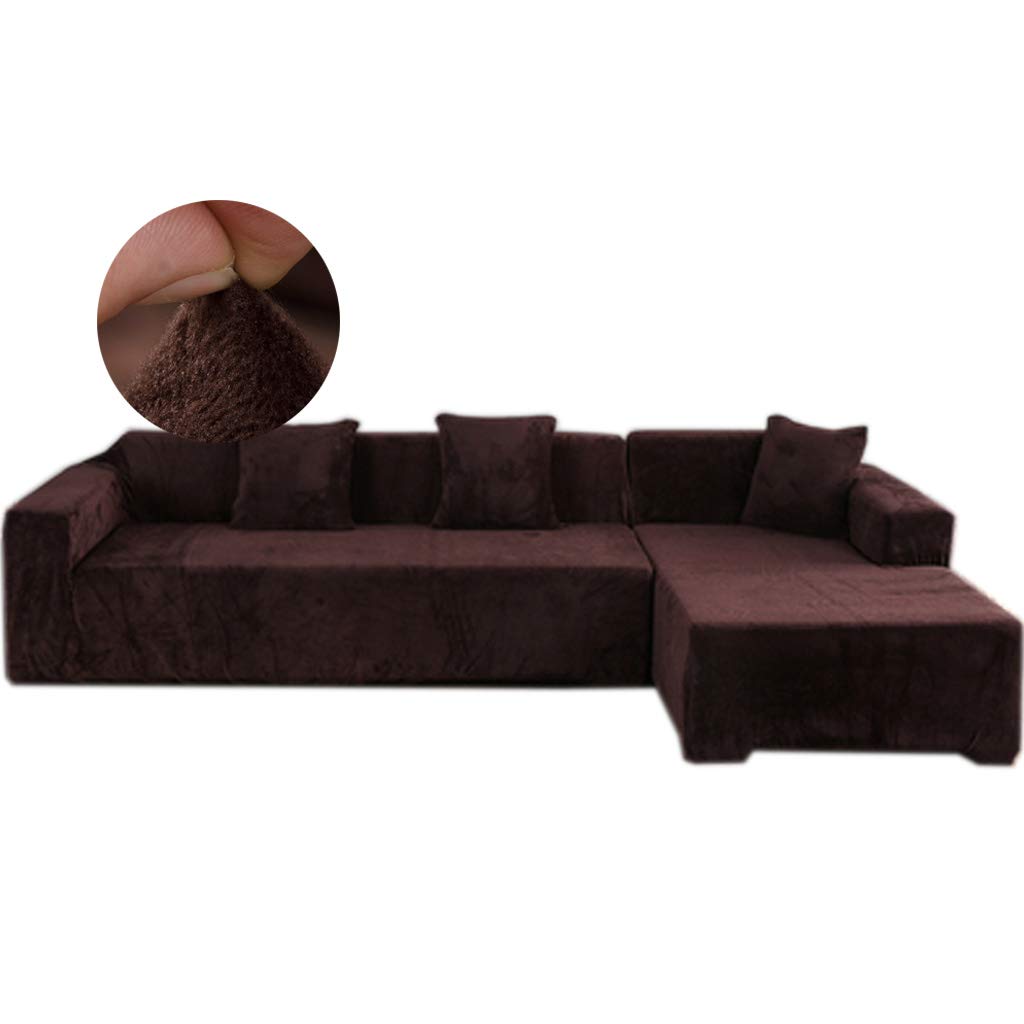 Anti-Wrinkle Velvet Sectional Sofa Slipcover - Thick Plush Suede L-Shaped Couch Cover with Stretch Fabric | Fully Covered Furniture Protector for XXXL Sectional Sofa (Coffee Color) | Perfect for Living Room, Family Room & Home Theater Seating Protection