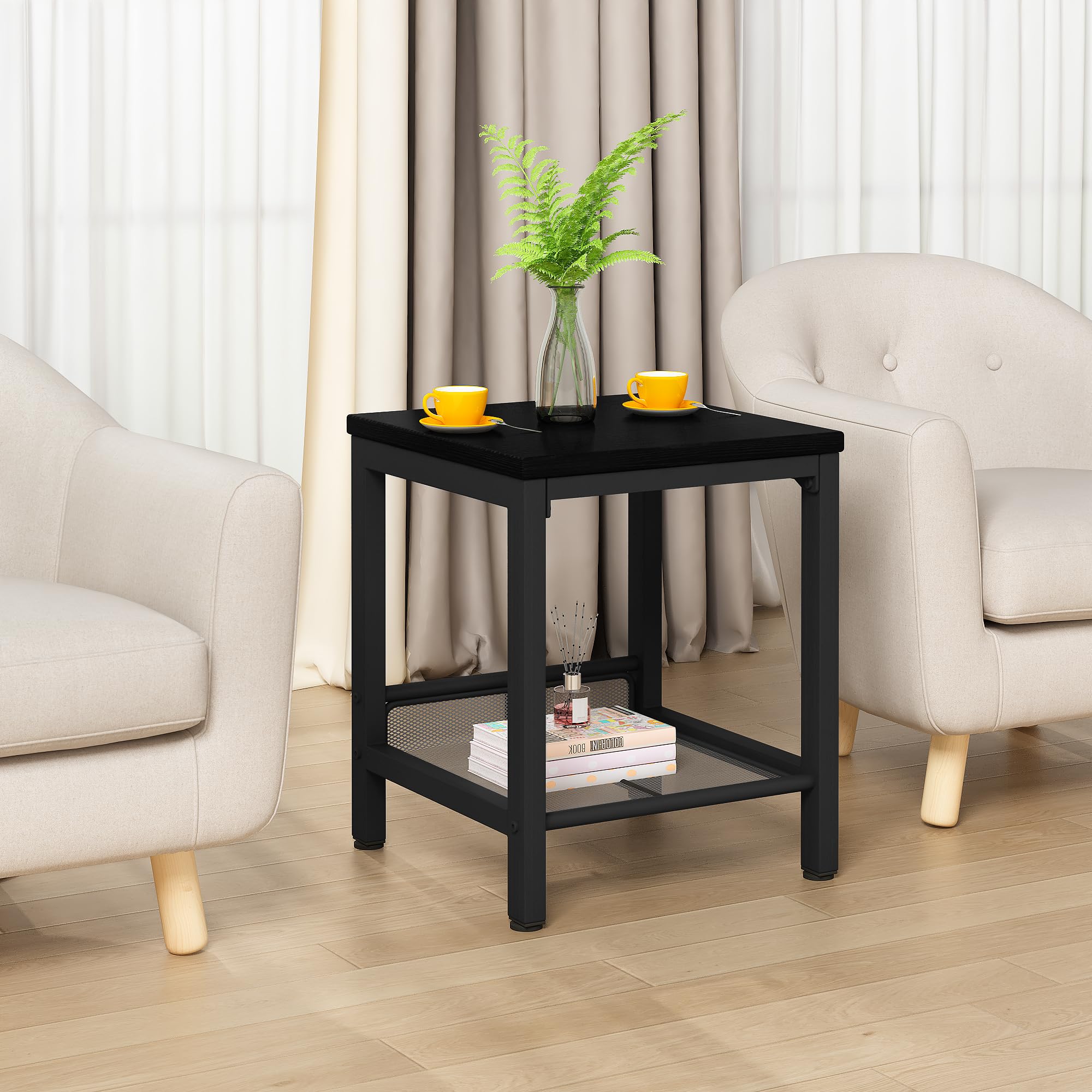 AWQM 3-Piece Industrial Coffee Table Set with 2 Square End Tables - Modern Metal Frame Living Room Furniture for Apartment, Home Office - Black | Perfect for Small Spaces, Entertaining Guests & Stylish Home Decor