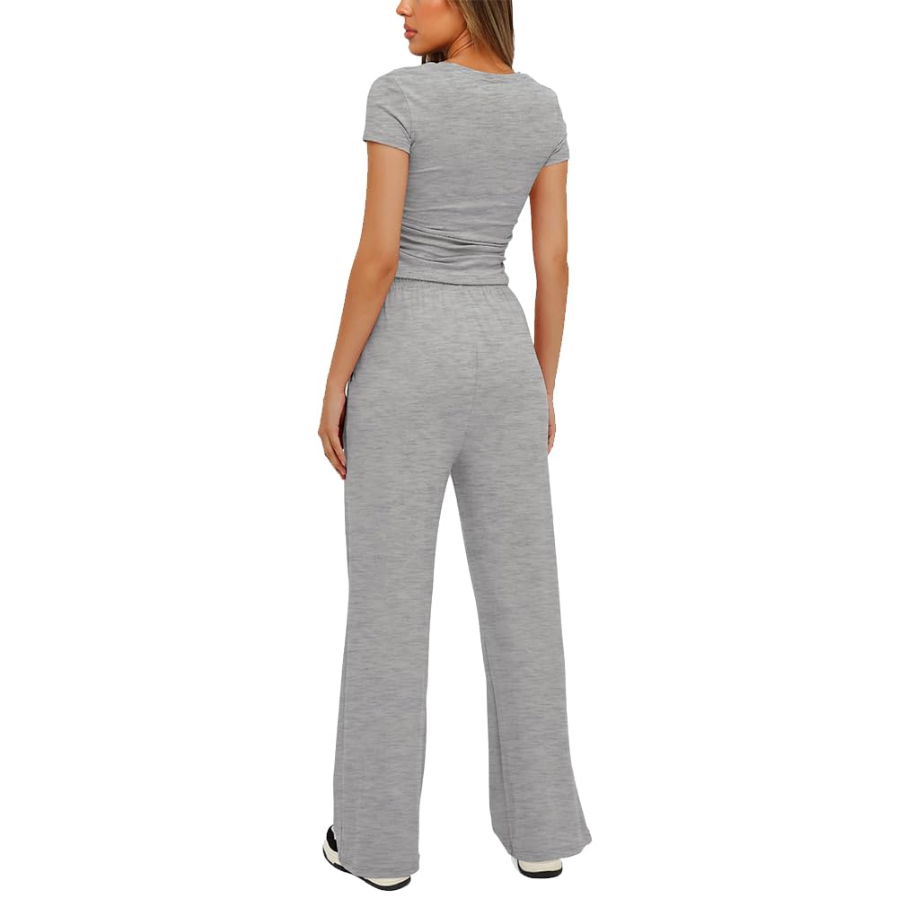 IYOWEL Women's 2 Piece Lounge Set - Ruched Short Sleeve Top & High Waisted Wide Leg Pants Tracksuit - Casual Streetwear Outfit for Home, Travel & Yoga