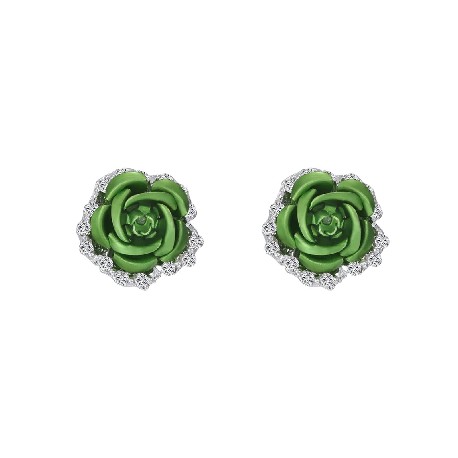 Valentine's Day Rose Rhinestone Hoop Earrings for Women - Elegant Green Stud Earrings for Wedding, Party & Date Night - One Size Metal Jewelry Accessories