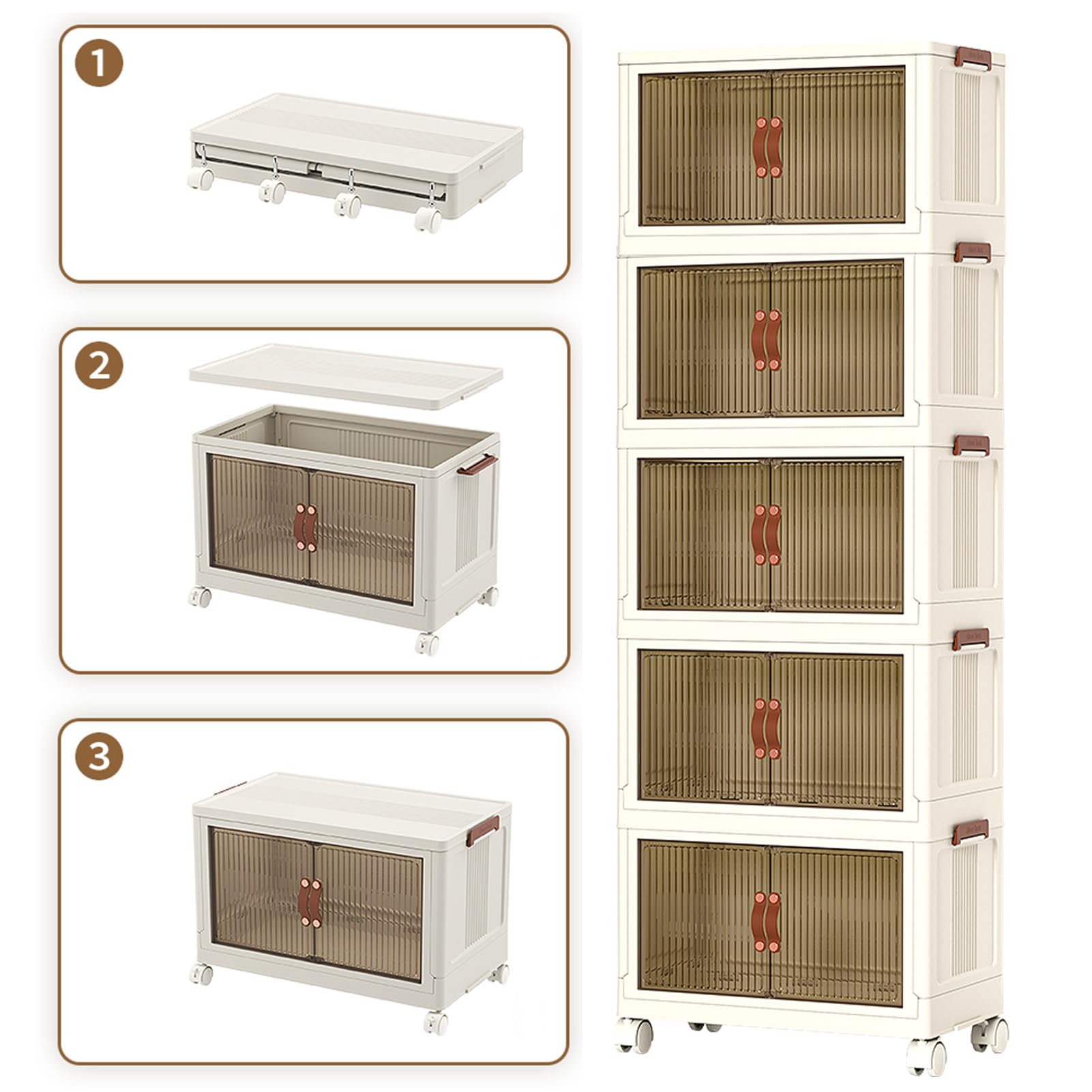 Foldable Storage Bins with Lids - 4-Tier Stackable Storage Containers with Wheels & Doors - Portable Closet Organizer for Home, Office & Dorm Organization - Perfect for Clothes, Toys & Seasonal Storage