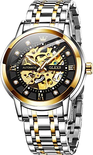 OLEVS Men's Automatic Skeleton Mechanical Watch - Gold Luxury Dress Watch with Shiny Diamond, Stainless Steel, Waterproof & Luminous - Perfect for Business, Formal Events & Gifts