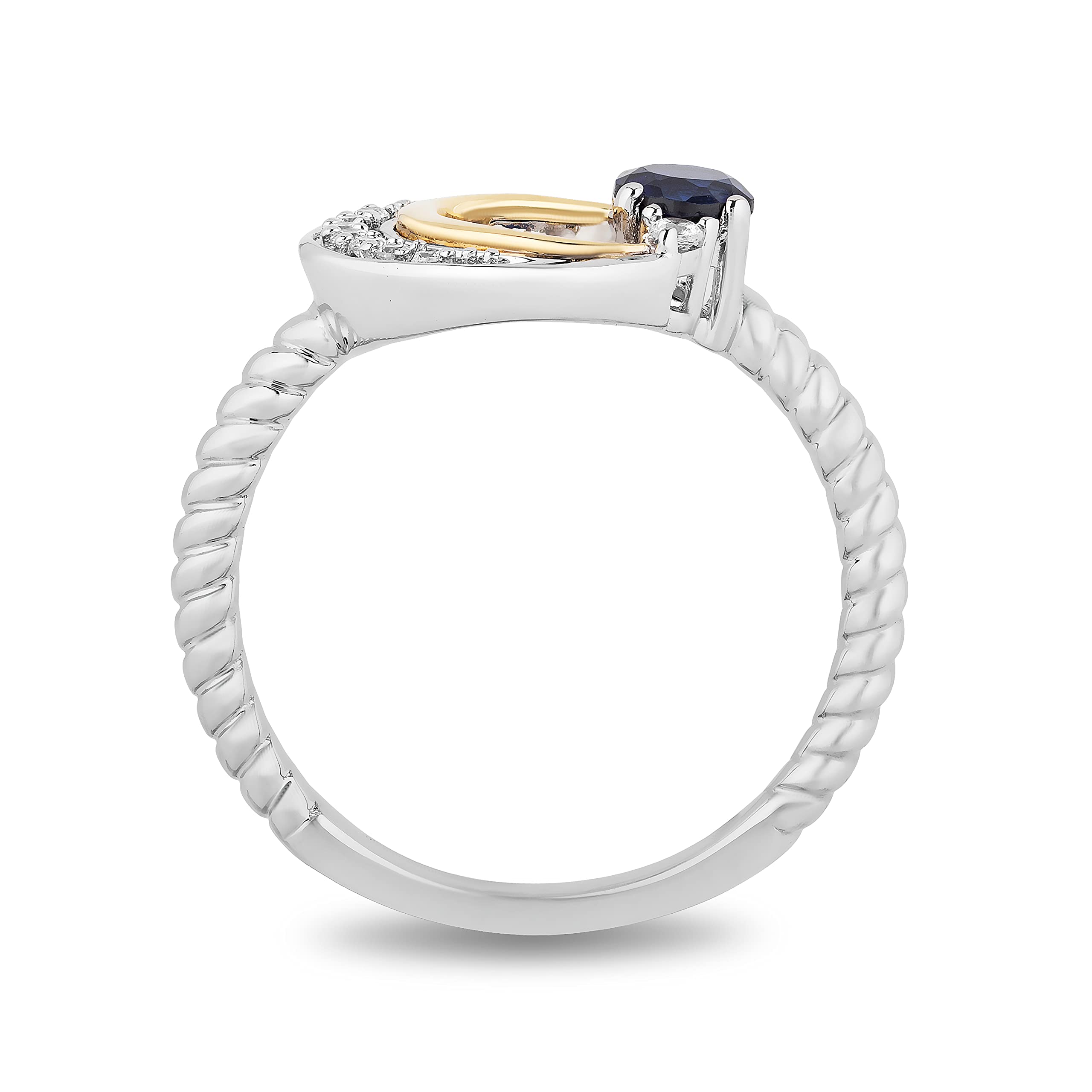 Jewelili Hallmark Fine Jewelry Crescent Moon Ring for Women - Sterling Silver & 14K Yellow Gold Band with 4mm Round Blue Sapphire & 1/10ct Natural Diamond | Elegant Gift Box | Perfect for Birthdays, Anniversaries & Special Occasions
