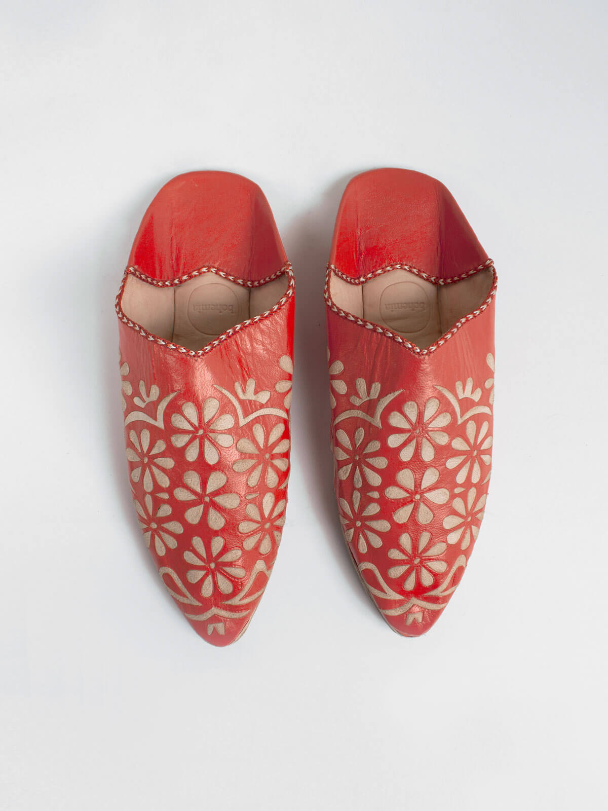 Moroccan Decorative Daisy Babouche Slippers - Handmade Orange Leather House Shoes | Perfect for Home, Lounge & Boho Chic Outfits