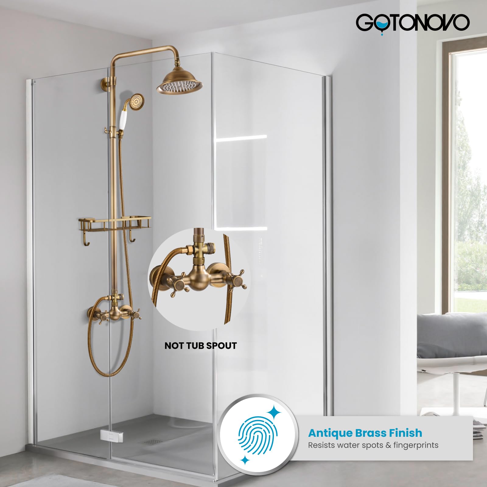 Gotonovo 8 Inch Antique Brass Exposed Shower Faucet System - Wall Mounted Double Cross Handle with Adjustable Rain Shower Head & Handheld Sprayer, 2 Functions & Built-in Shelf | Perfect for Vintage Bathroom Renovation & Spa-Like Shower Experience