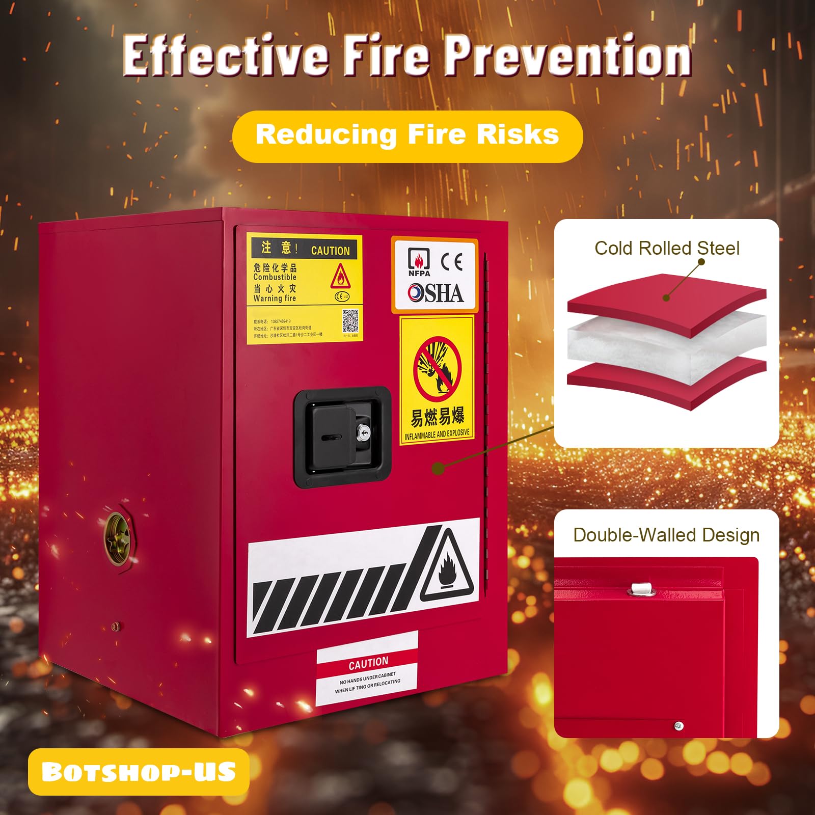 Gdrasuya10 4-Gallon Flammable Liquid Safety Storage Cabinet - Fireproof Hazardous Chemical Cabinet with Adjustable Shelves, 17x17x22 Inches, Red - Ideal for Garage, Workshop & Laboratory Chemical Storage