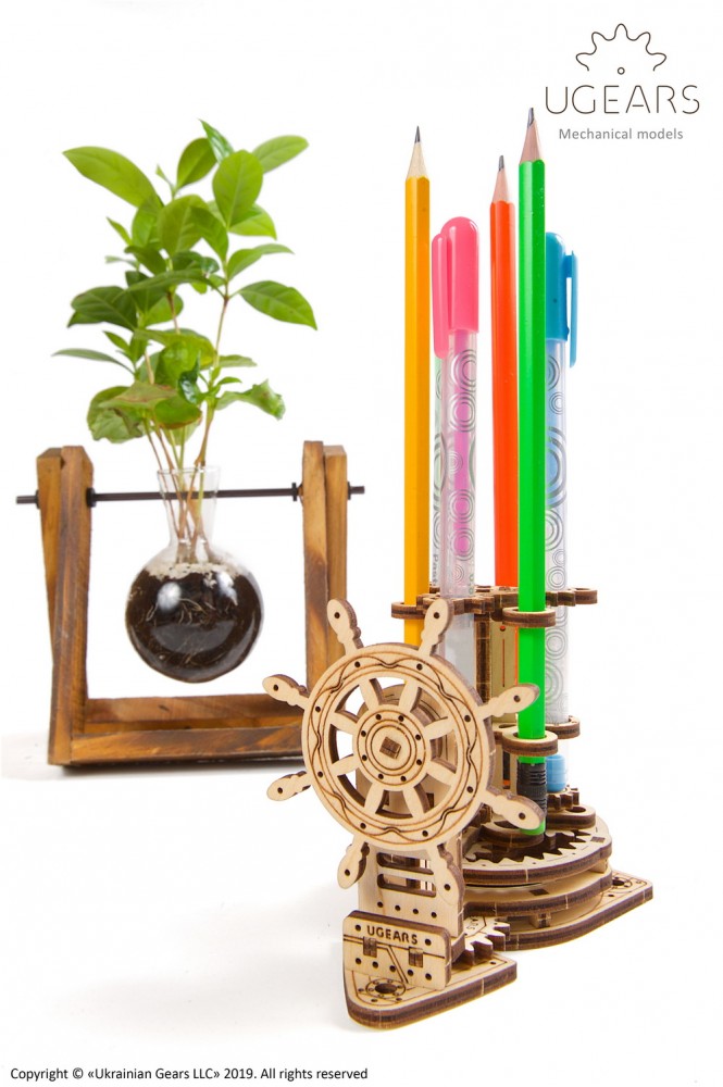 UGears Wooden Wheel Organizer & Pen Holder - 3D Puzzle Mechanical Desk Organizer for Office, School, Workshop | Perfect for Pencils, Markers, Tools Storage & DIY Gift Idea