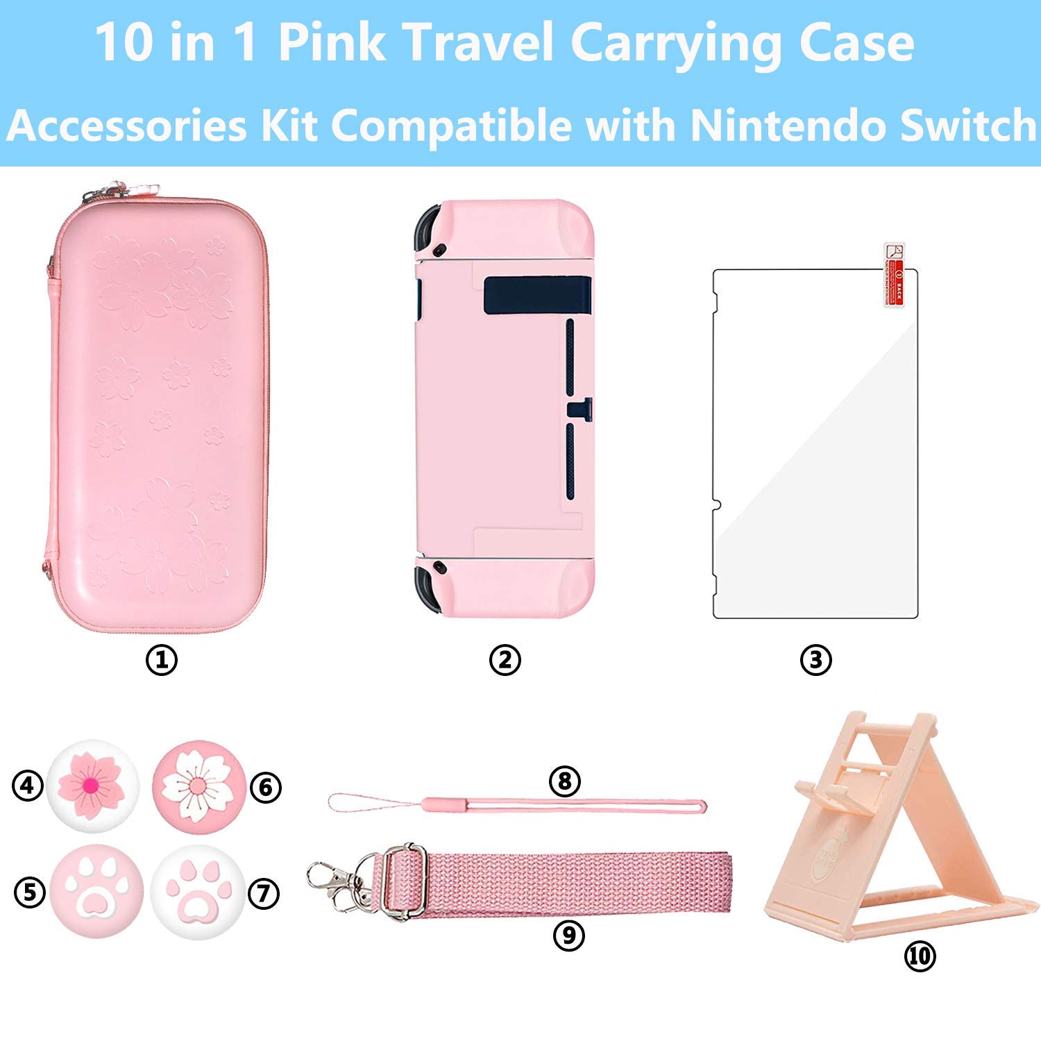 Pink Travel Carrying Case Accessories Kit for Nintendo Switch - 10-in-1 Essential Protection Set with Hard Cover, Tempered Glass Screen Protector, Adjustable Stand & Thumb Grip Caps | Perfect for Gaming On-The-Go, Travel & Daily Protection