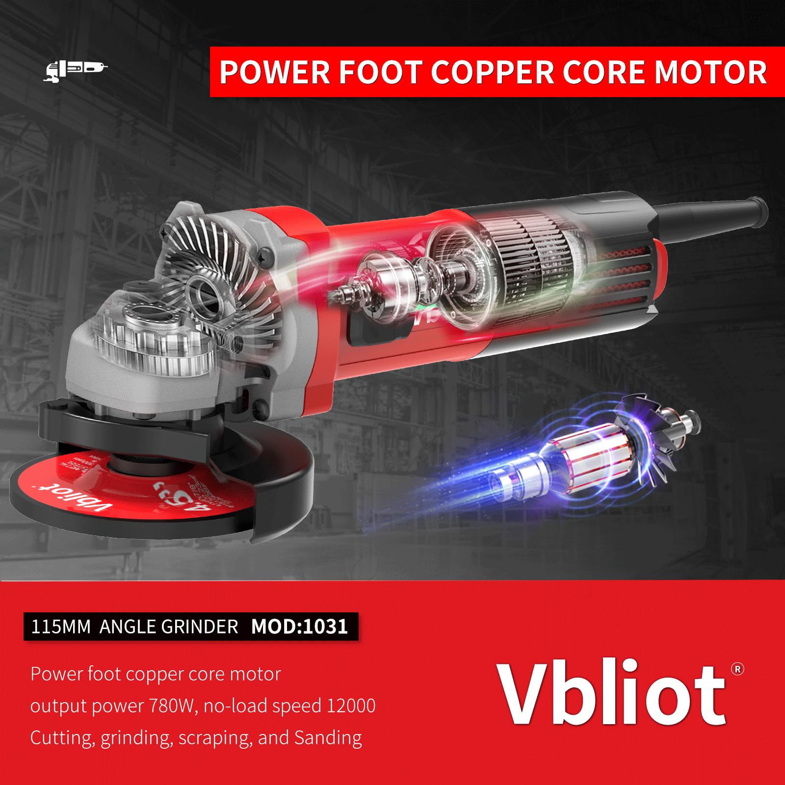 VBLOIT 5'' Electric Angle Grinder - 900W/8 Amp, 11000 RPM Power Tool for Cutting & Grinding Metal, Stone, Wood - Perfect for DIY Projects, Metal Fabrication, and Construction Work (Model 1032-5'')