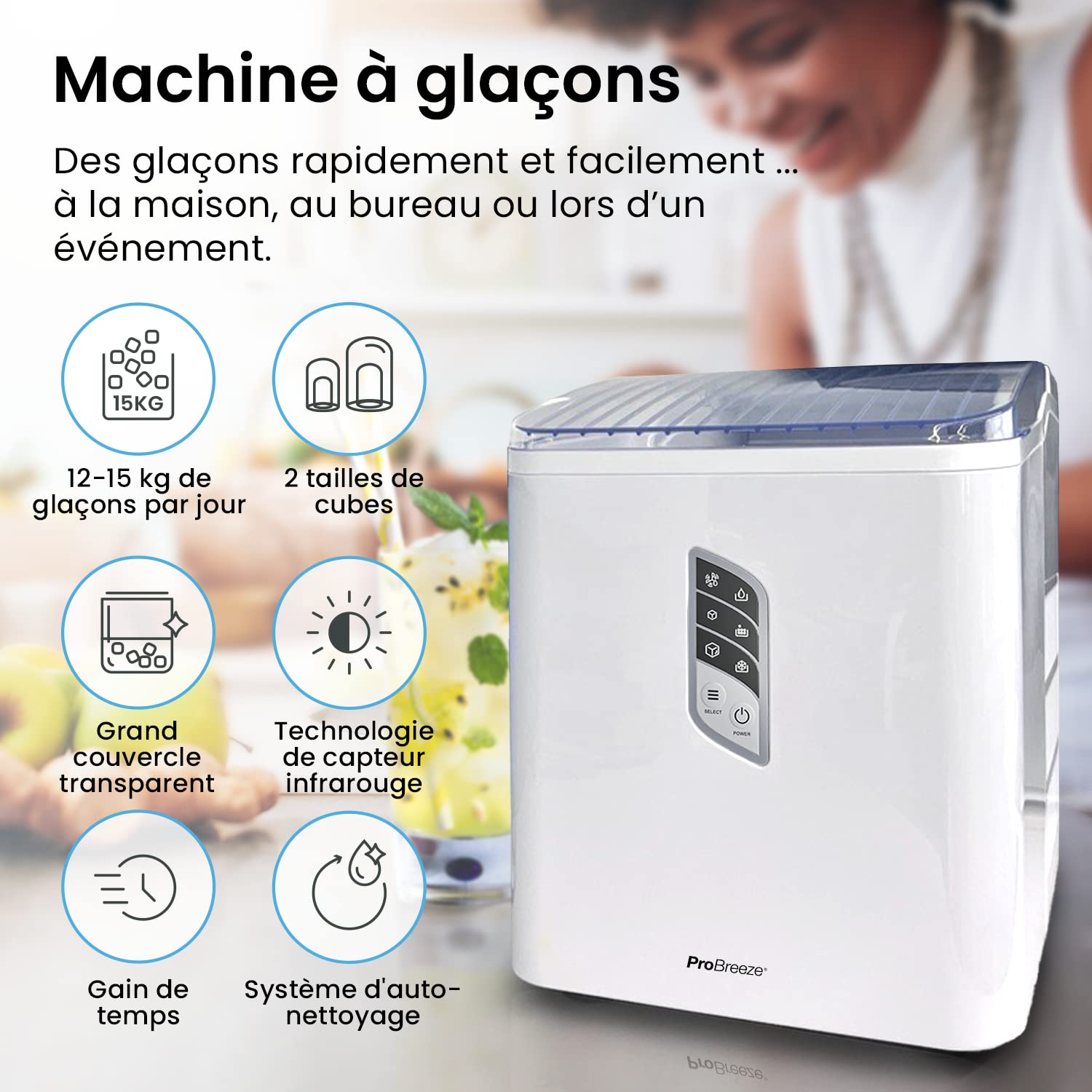 Pro Breeze Ice Maker Machine, 15kg/24H, Ready in 6-9 Minutes, 2 Ice Cube Sizes, 2L Water Tank with Ice Scoop, Large Transparent Lid - Perfect for Home Kitchen, Bar, Office & Outdoor Parties (White)
